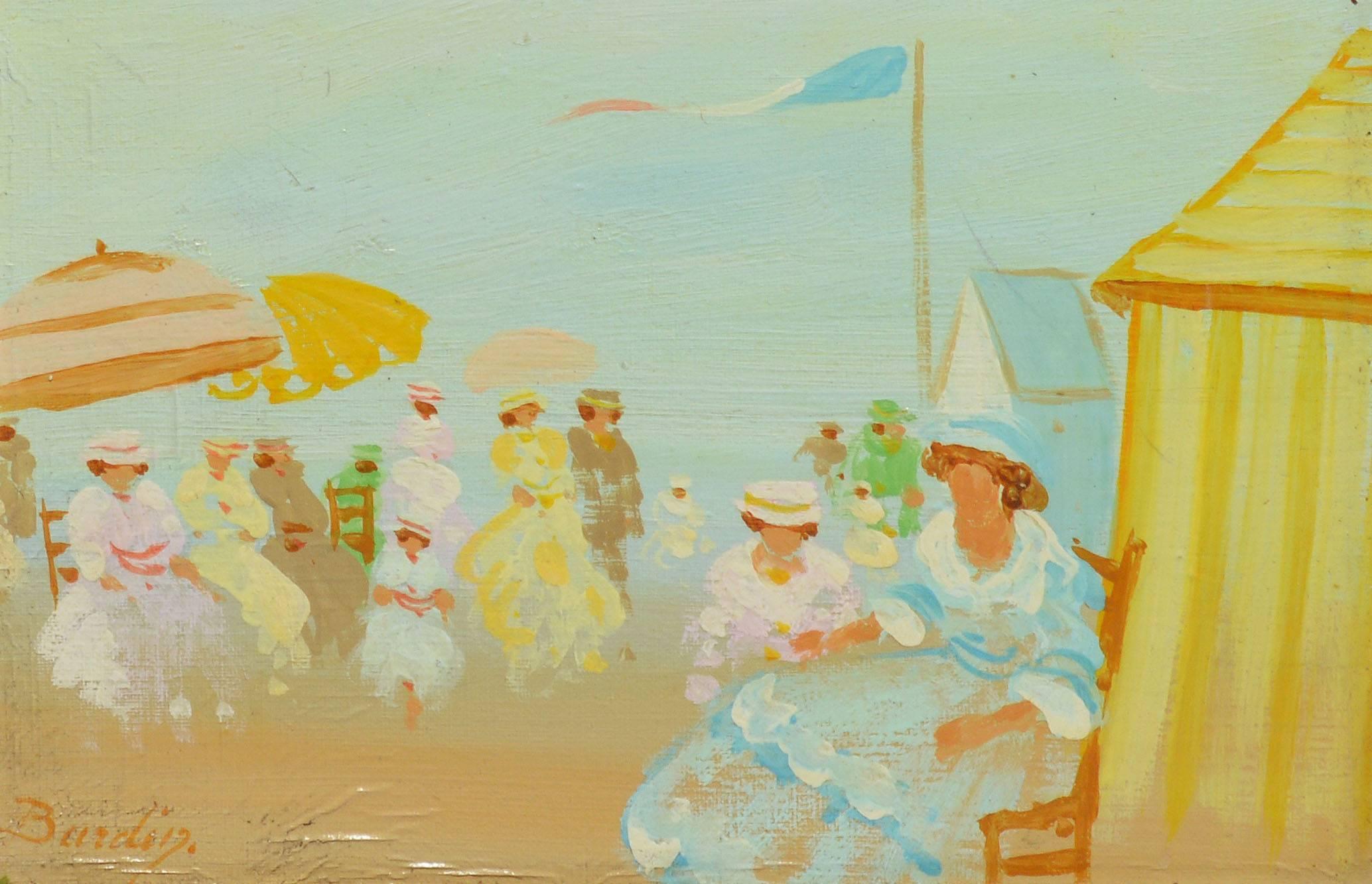 Impressionist beach view with figures.  Oil on canvas, circa 1950.  Signed illegibly.  Displayed in a giltwood frame with linen liner.  Image size, 10