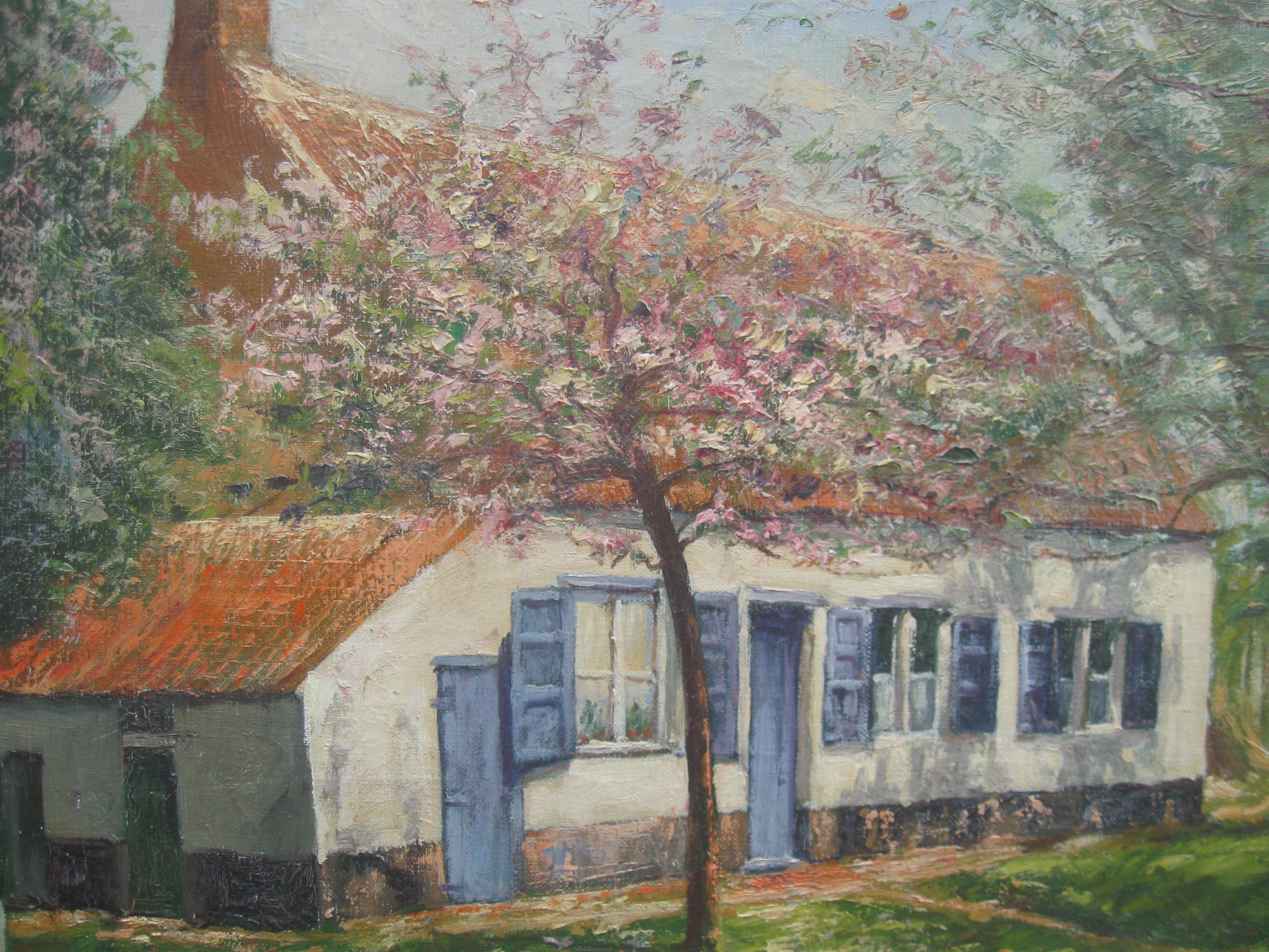 French Impressionist: Cottage in a Wooded Landscape Signed oil period piece. - Painting by Unknown