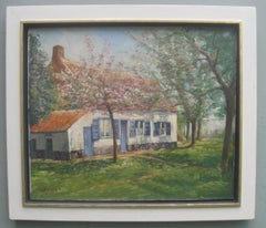 French Impressionist: Cottage in a Wooded Landscape Signed oil period piece.