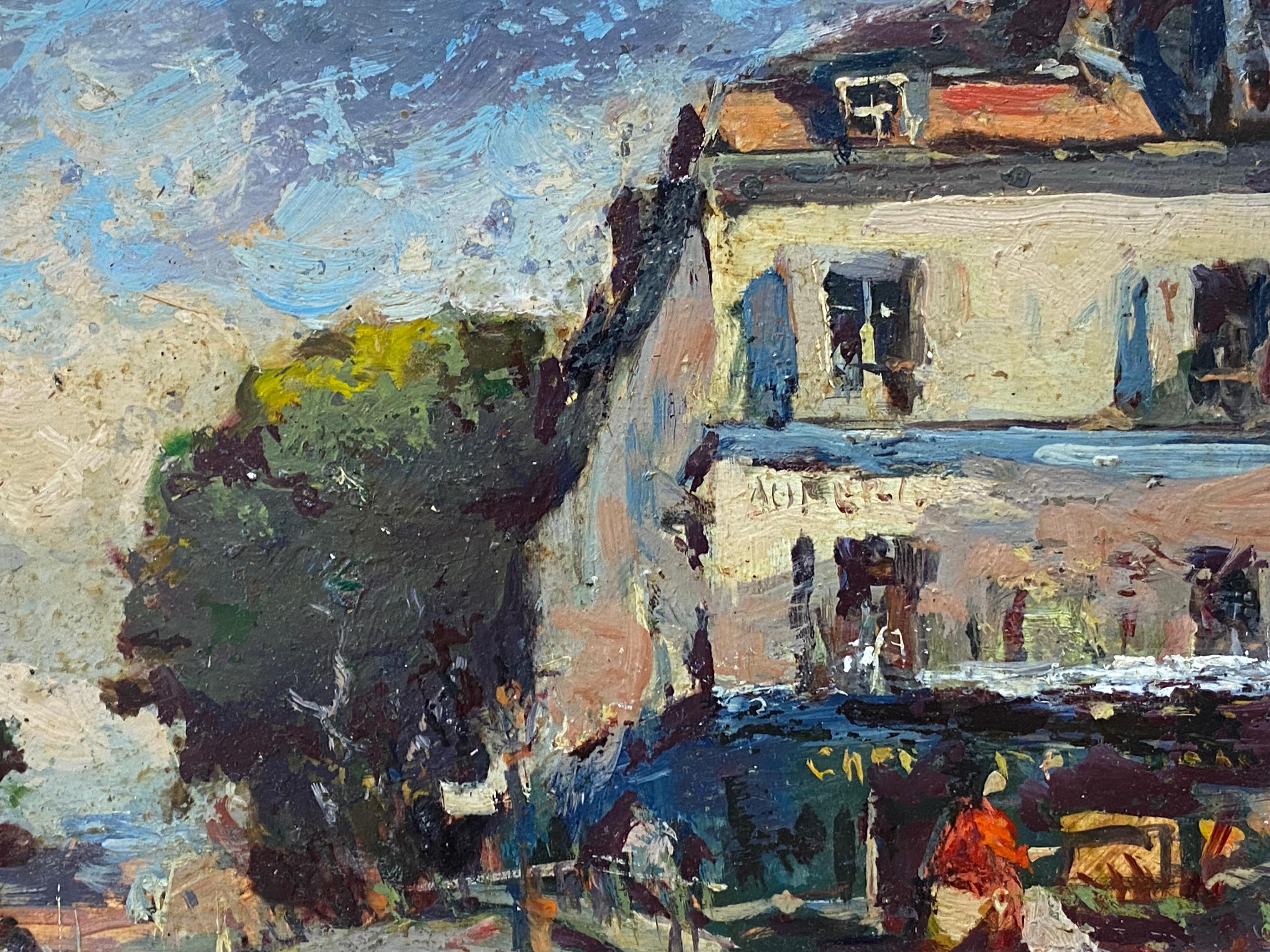 French Impressionist En Plein Air Oil Painting, City Street Scene - Gray Landscape Painting by Unknown