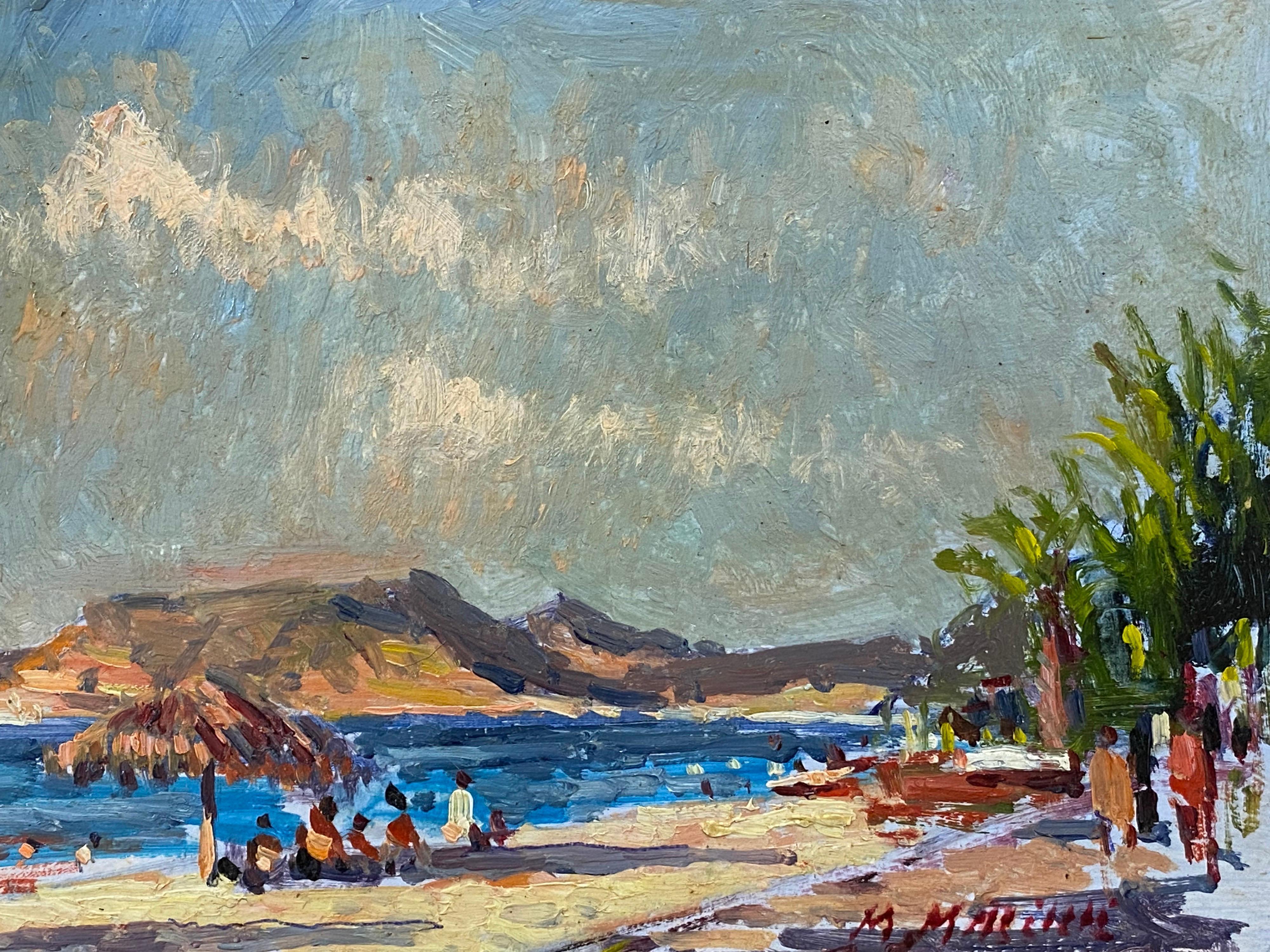 Französischer Impressionist En Plein Air Ölgemälde, Küstenszene mit Figuren – Painting von Unknown