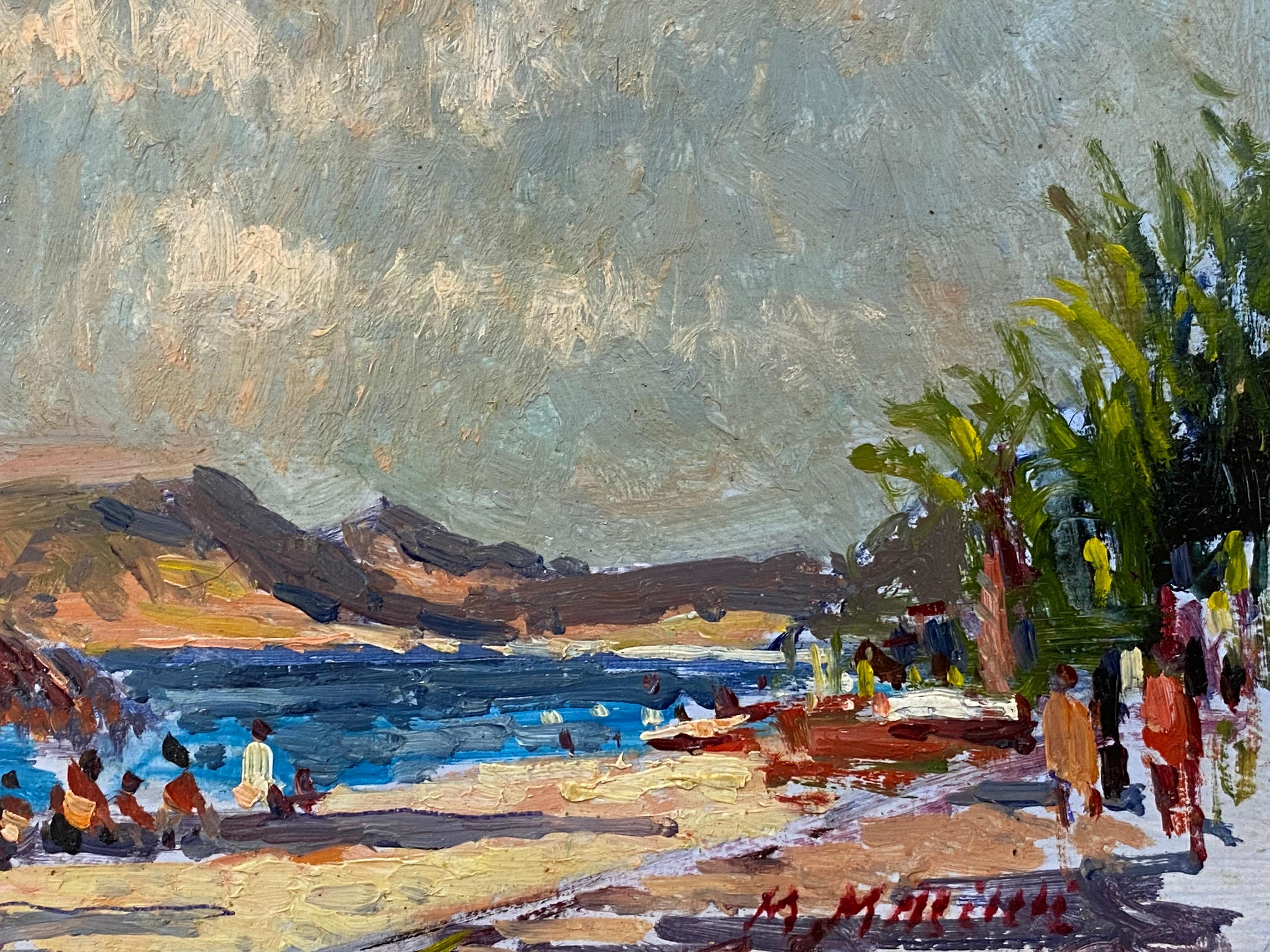 Französischer Impressionist En Plein Air Ölgemälde, Küstenszene mit Figuren (Grau), Landscape Painting, von Unknown