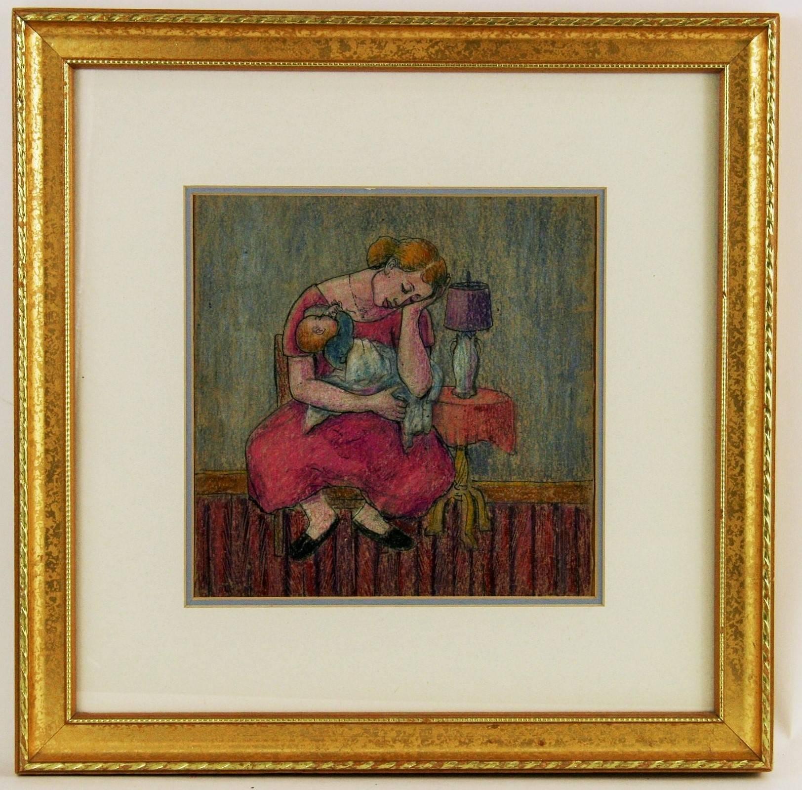 5-2620 Vintage  original colored pastel on paper
displayed in a gilt wood frame under glass.Arist unknown