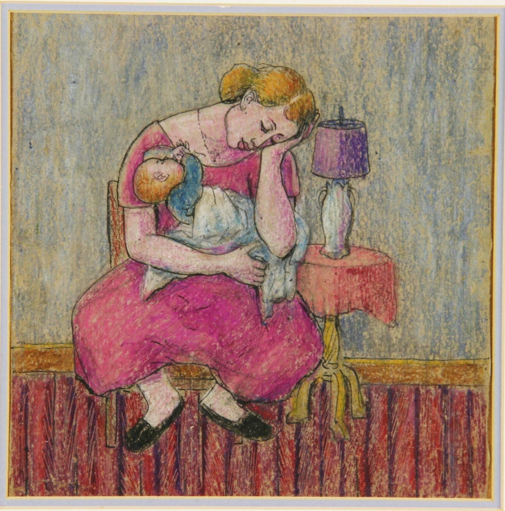 Unknown Figurative Painting – Französischer Impressionist Figuratives Öl-Pastell-Gemälde "Ruhende Mutter  mit  Child"
