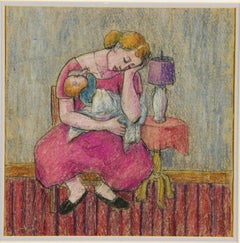 Französischer Impressionist Figuratives Öl-Pastell-Gemälde "Ruhende Mutter  mit  Child"