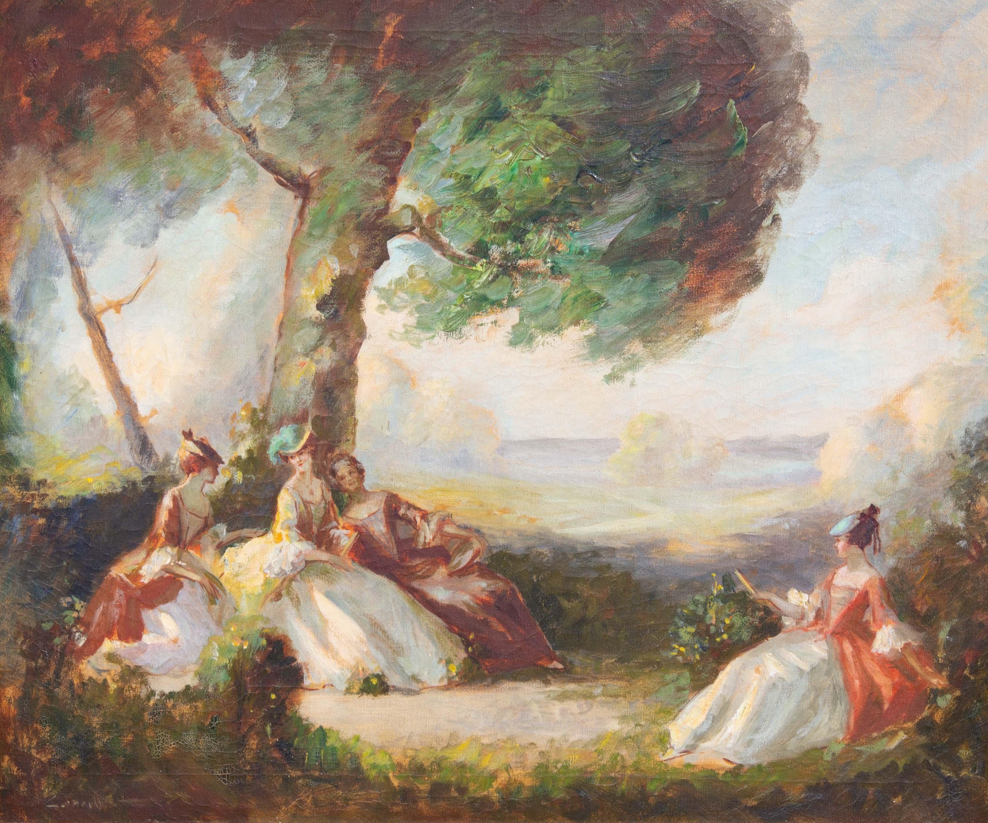 Peinture impressionniste française d'une scène de jardin - Marron Figurative Painting par Unknown
