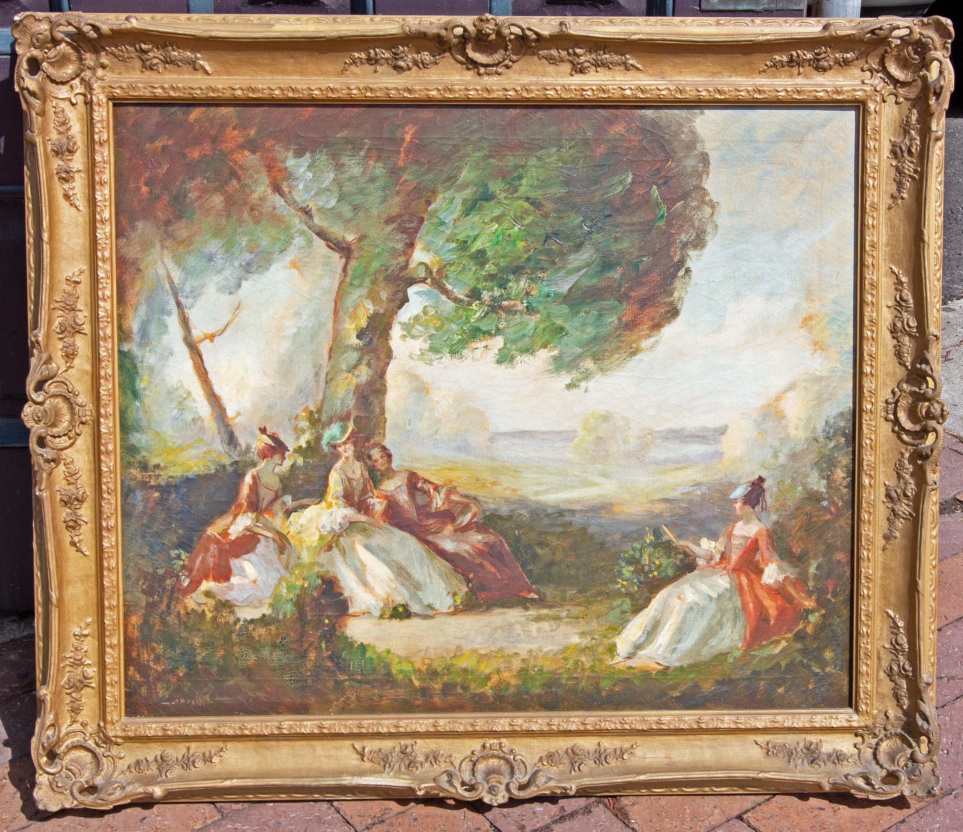 French Impressionist Garden Scene Painting - Brown Figurative Painting by Unknown