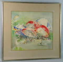 French Impressionist Gouache Umbrellas at the Beach Landscape