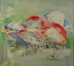 French Impressionist Gouache Umbrellas at the Beach Landscape