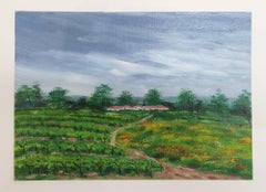 French Vintage Landscape, Small Oil Painting, Countryside Farmhouse, Stormy Sky