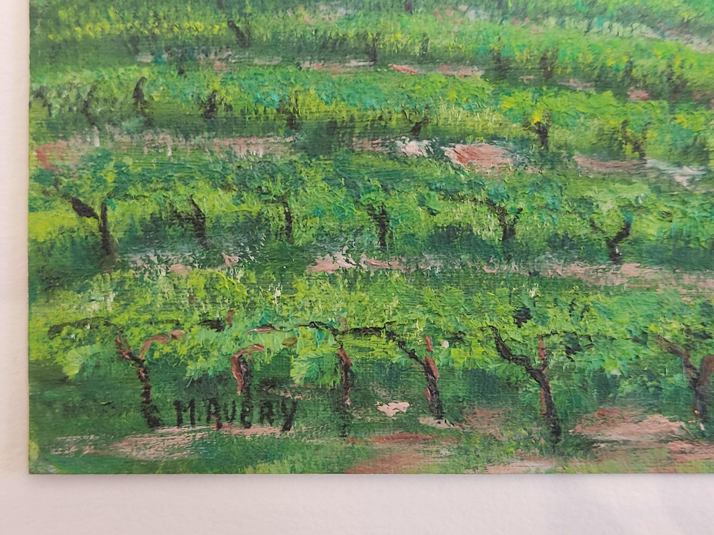 Impressionista francese in campagna, Pittura ad olio originale, campo di viti - Figurative Painting Grigio di Unknown