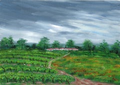 French Impressionist in the Country side, Original Oil Painting, Field of Vines