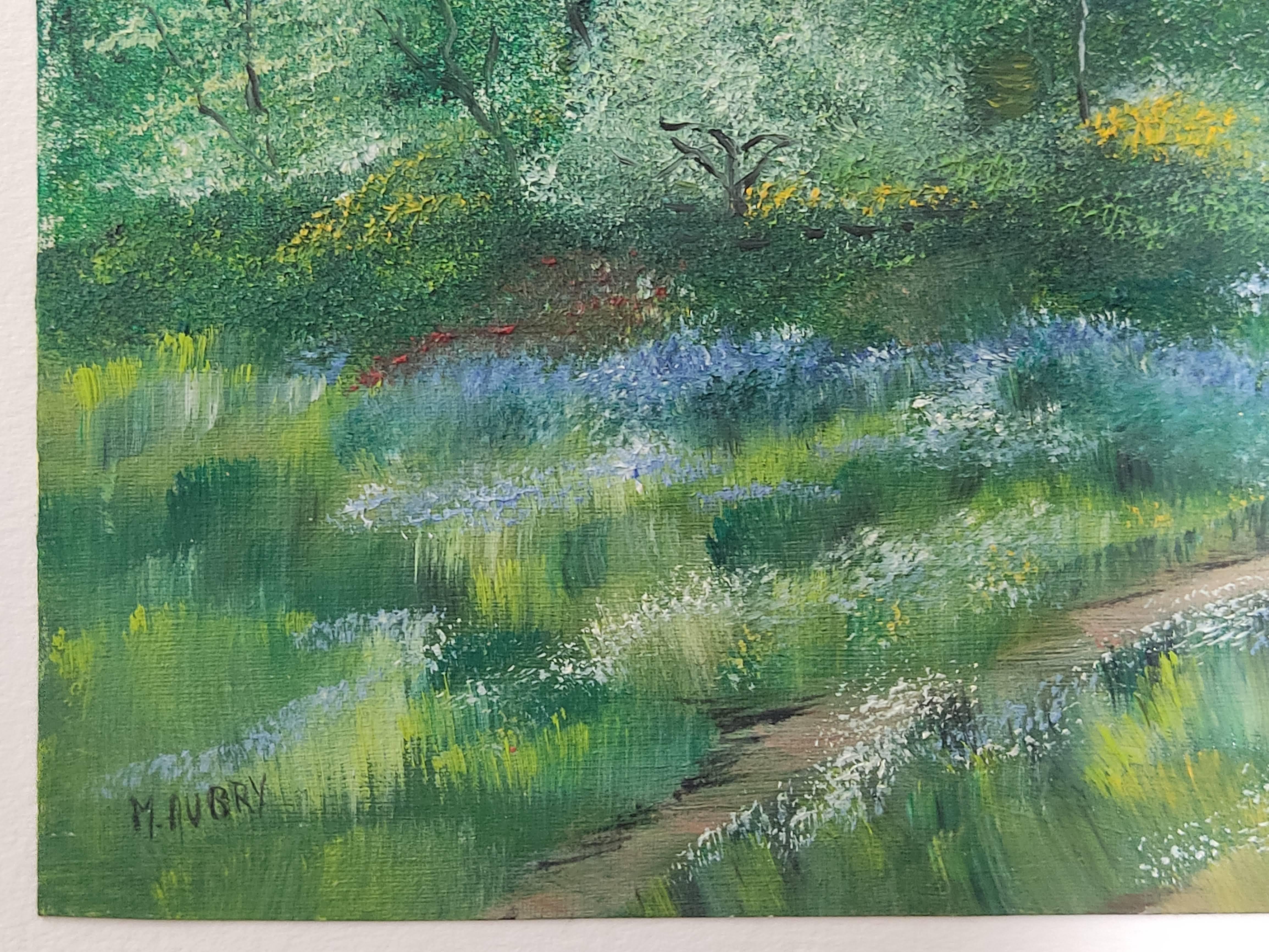 Französische impressionistische Landschaft des Impressionismus, Original signiertes Ölgemälde, Wildblumen, Baum – Painting von Unknown