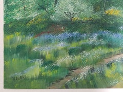 Paesaggio impressionista francese, Pittura a olio originale firmata, Fiori selvatici, Albero