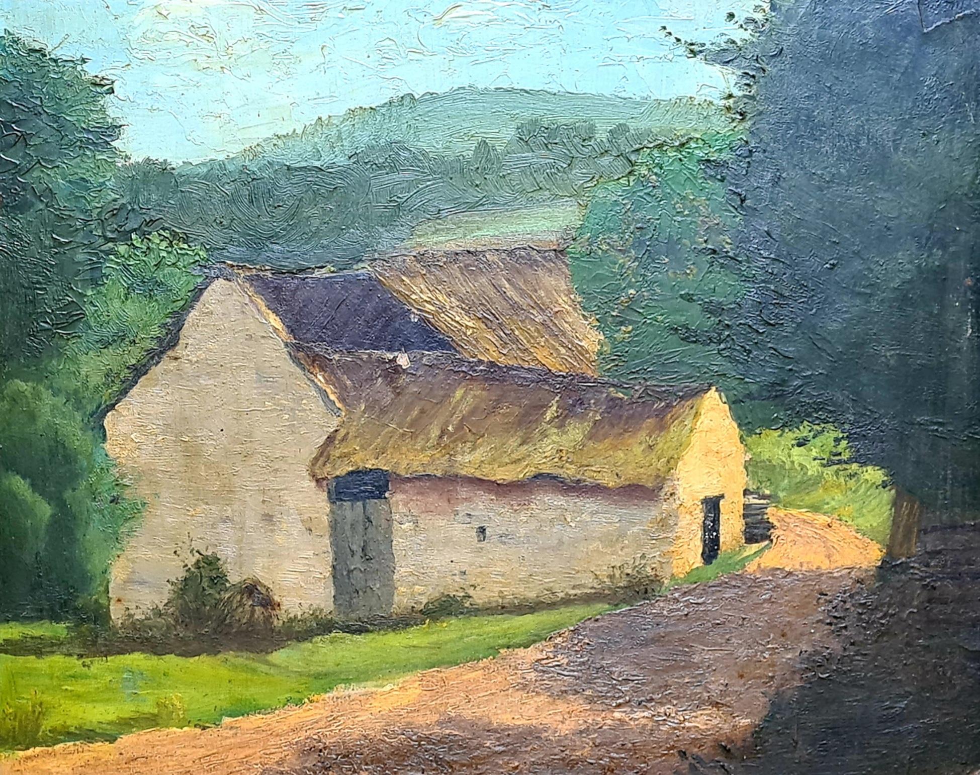 French Impressionist Landscape, Road by the Barn - Painting by Unknown