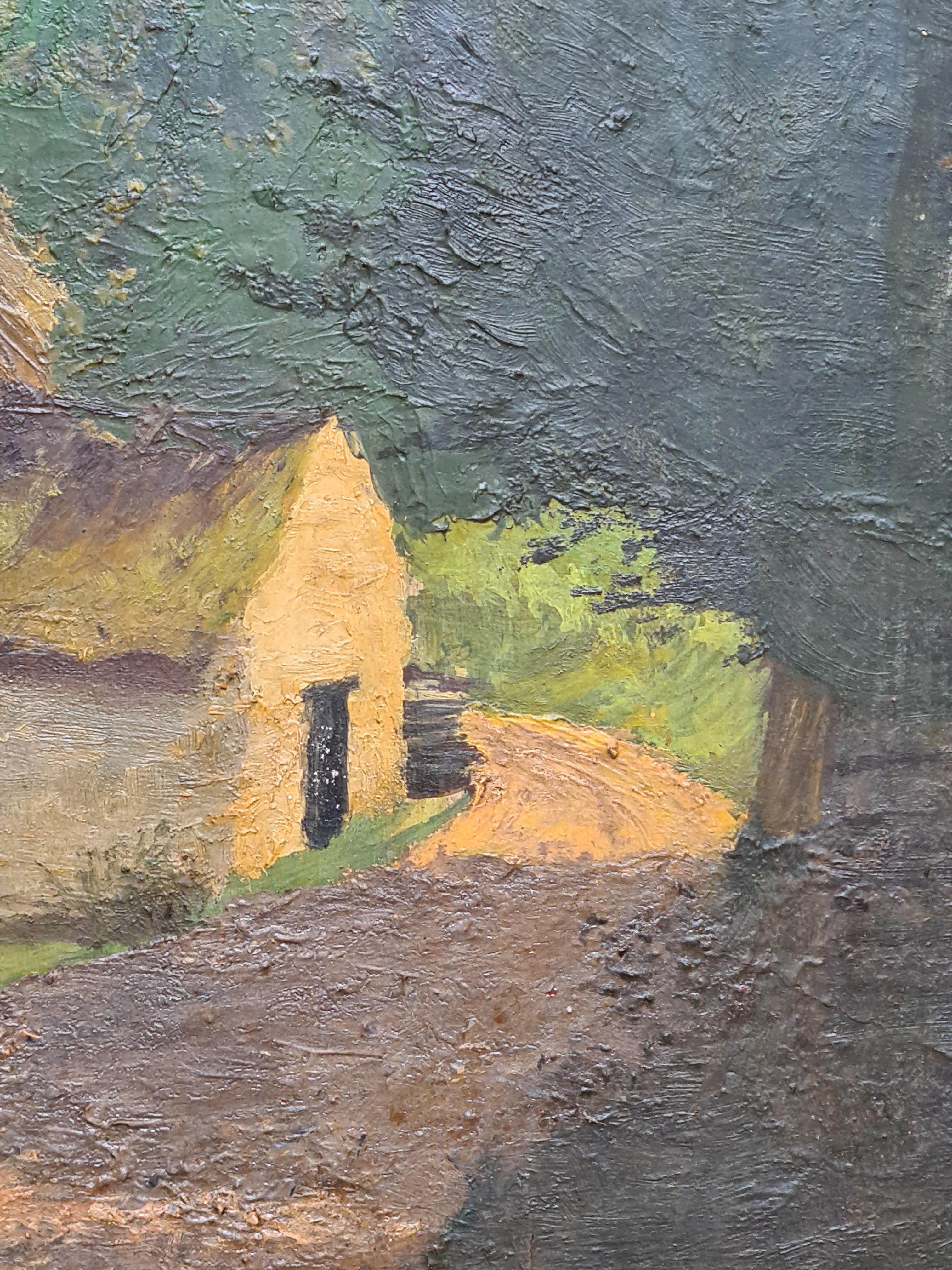 French Impressionist Landscape, Road by the Barn - Brown Landscape Painting by Unknown