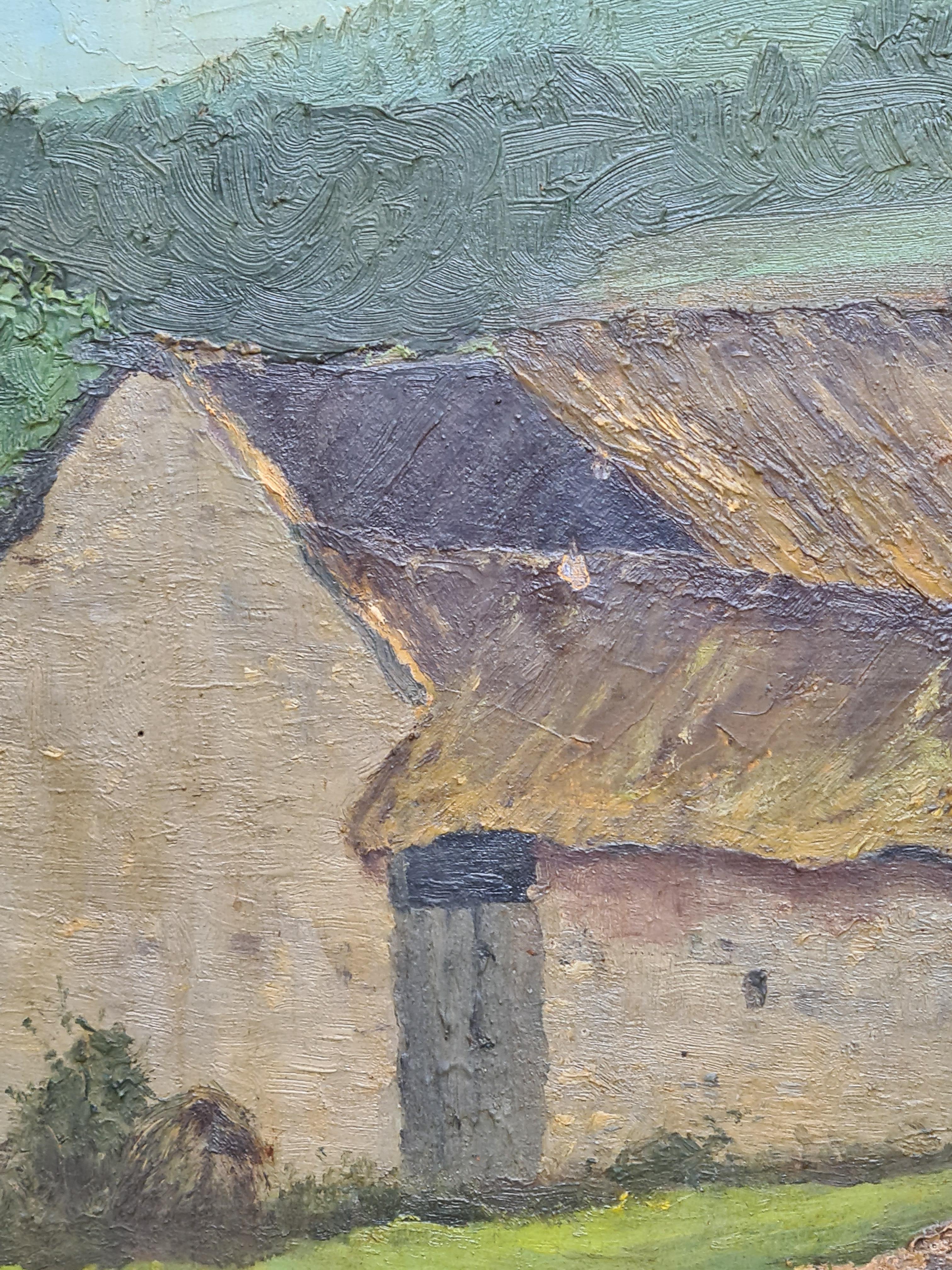Mid century oil on board landscape. The painting is unsigned and presented in a deep gilt wooden frame.

This painting captures the serene essence of rural life, presenting a quaint cottage nestled amidst lush greenery. The structure's rustic charm