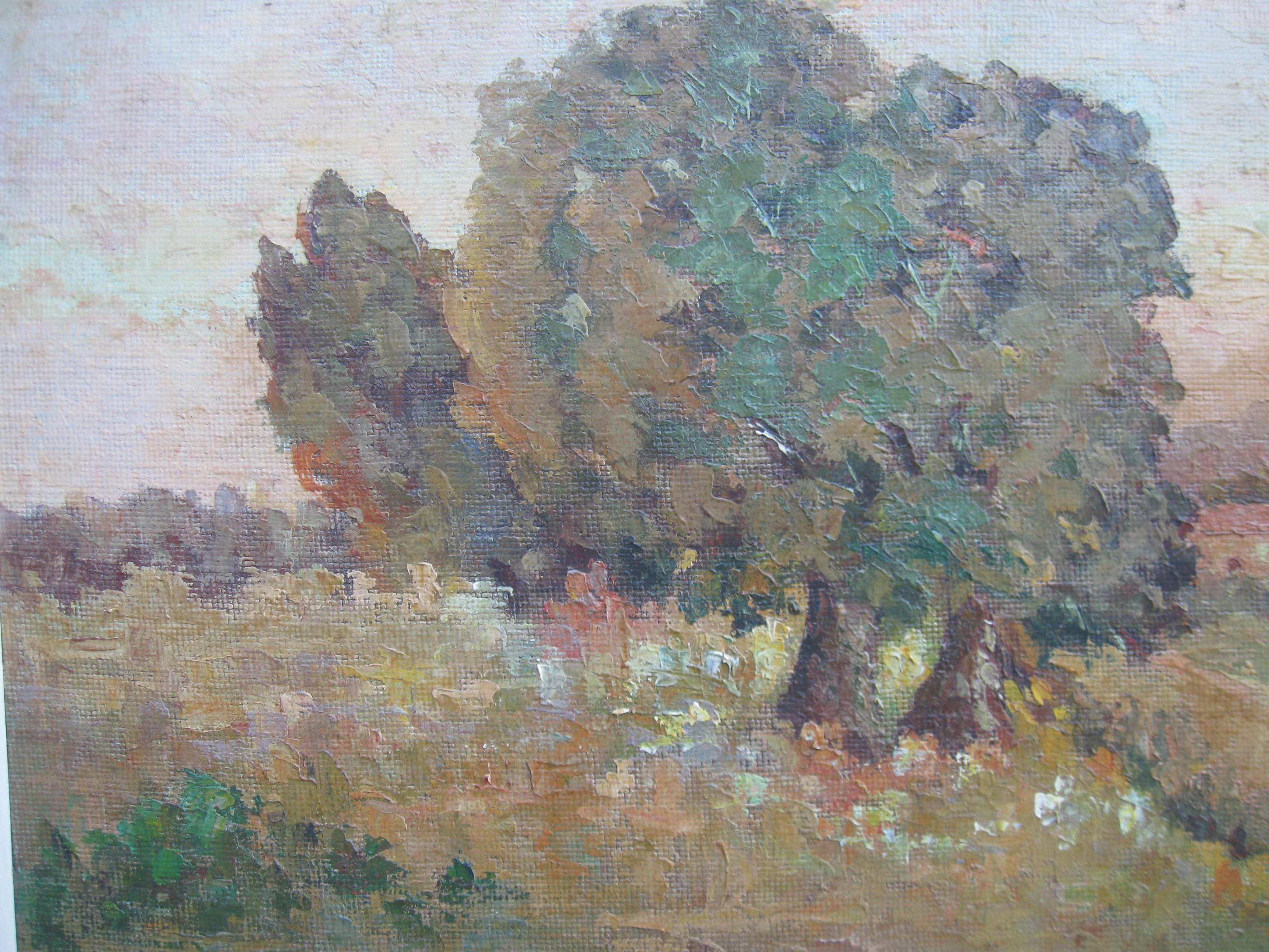 A fine large French Impressionist oil circa 1950's
Oil on board 52cm x 89cm
The original French stucco and wood frame 60cmx98cm
Entitled Les Oliviers: The Olive Trees
An extensive landscape with the trees and a dwelling with figures. Mountains can