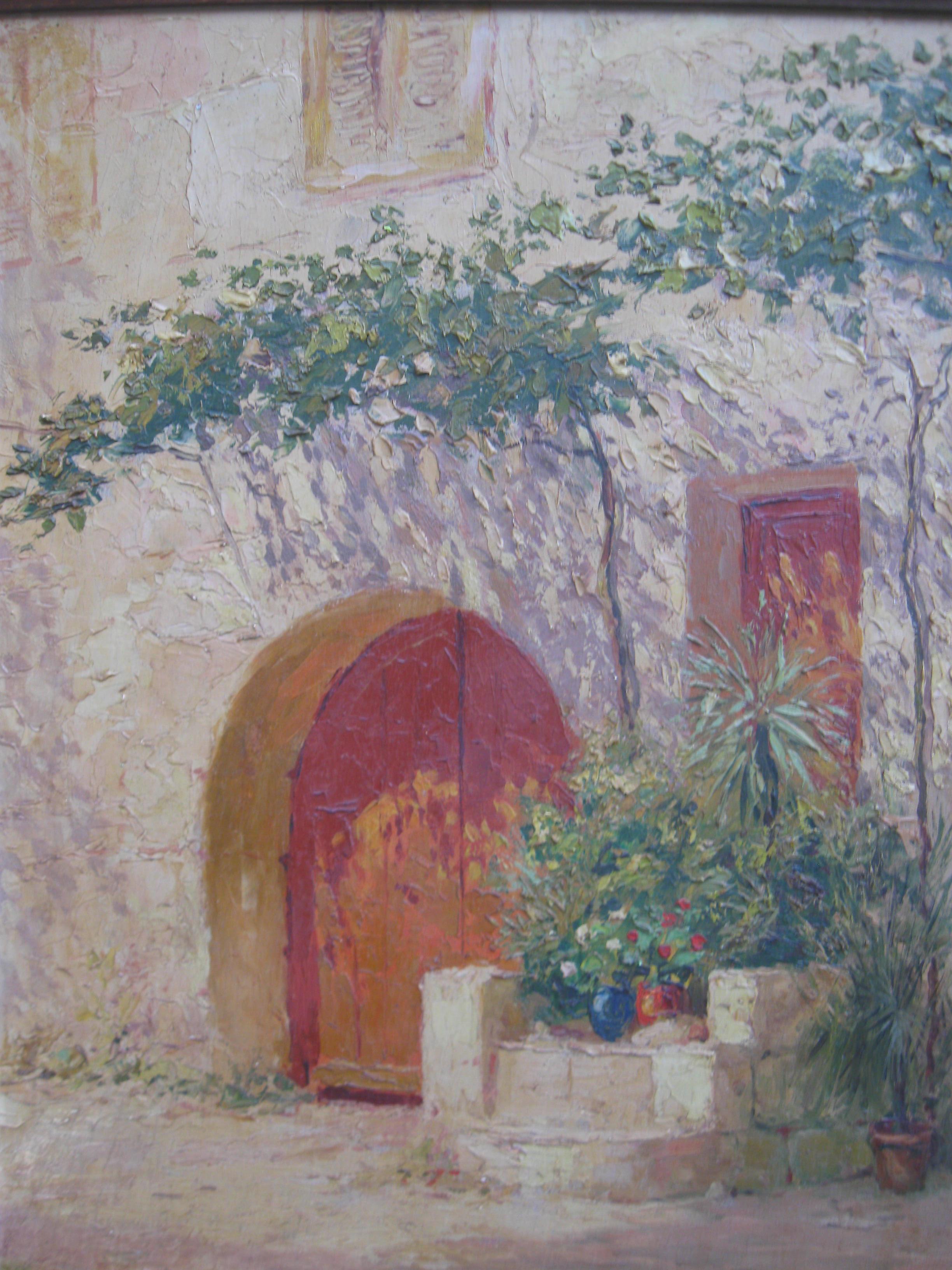 French Impressionist 'Mother and Child in a Sunny Courtyard' oil circa 1930's 6