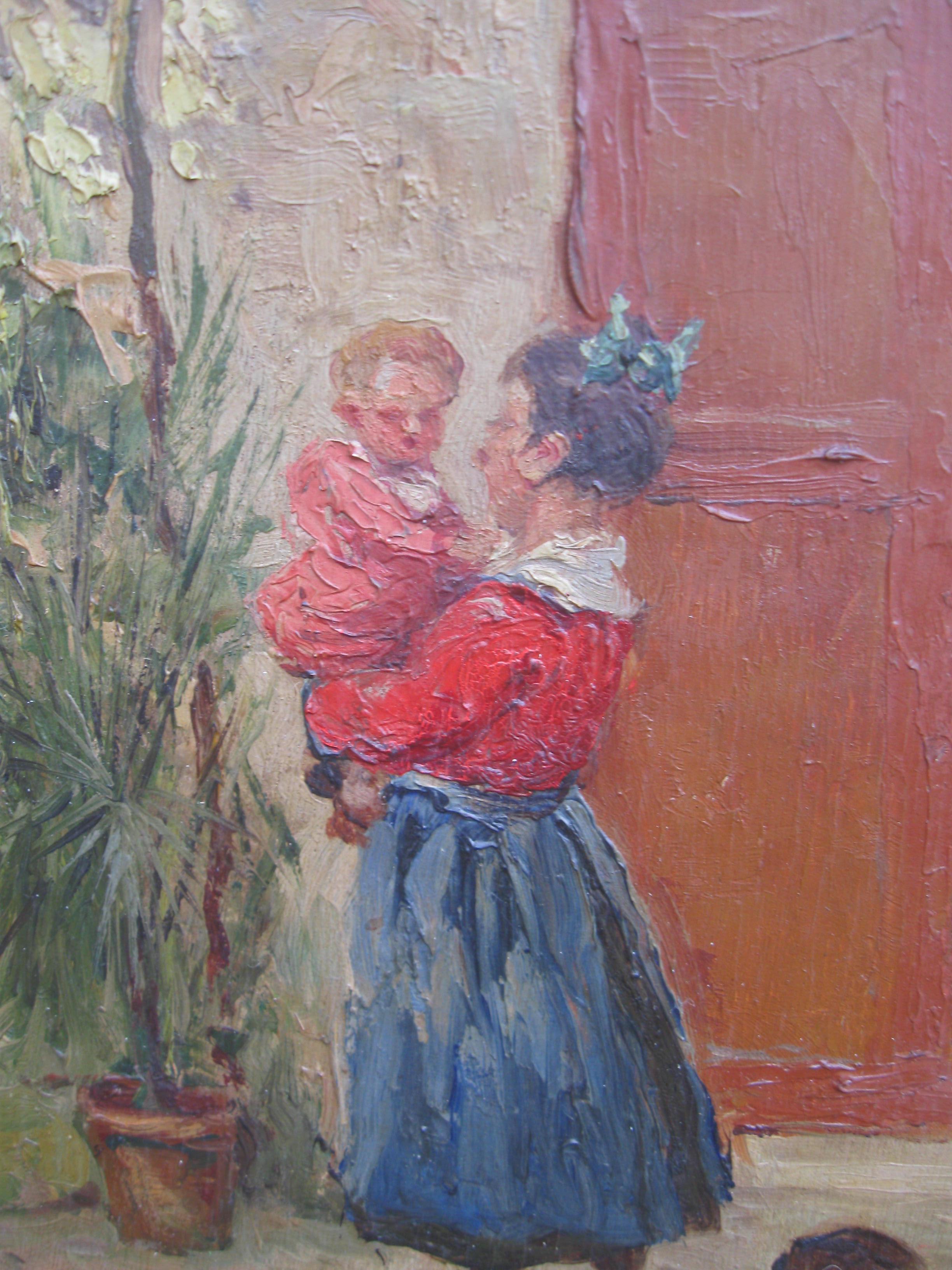 Französischer Impressionist:: „Mutter und Kind in einem sonnenbeschienenen Hof“:: Öl:: um 1930 13