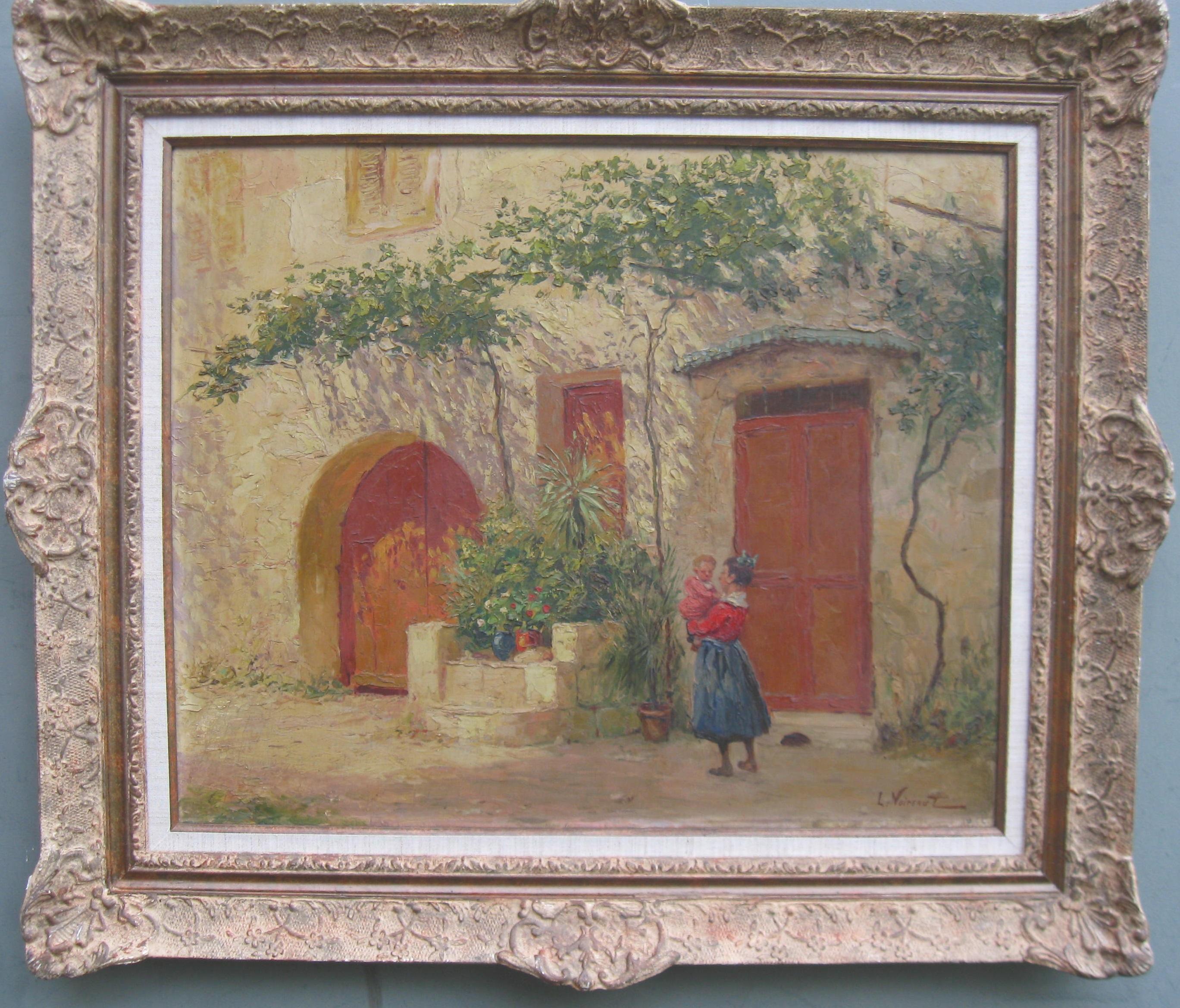 Französischer Impressionist:: „Mutter und Kind in einem sonnenbeschienenen Hof“:: Öl:: um 1930 14