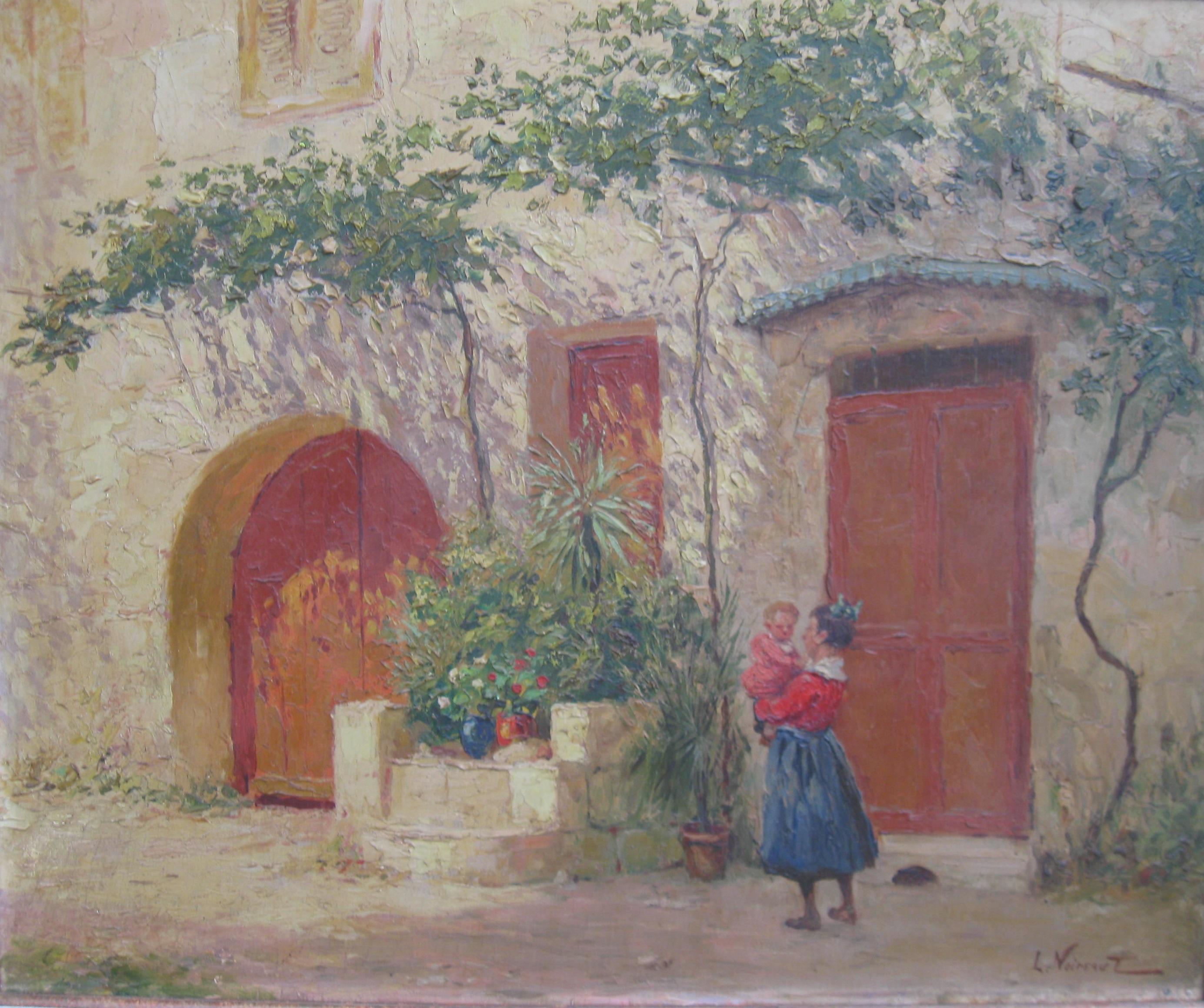 Französischer Impressionist:: „Mutter und Kind in einem sonnenbeschienenen Hof“:: Öl:: um 1930 – Painting von Unknown