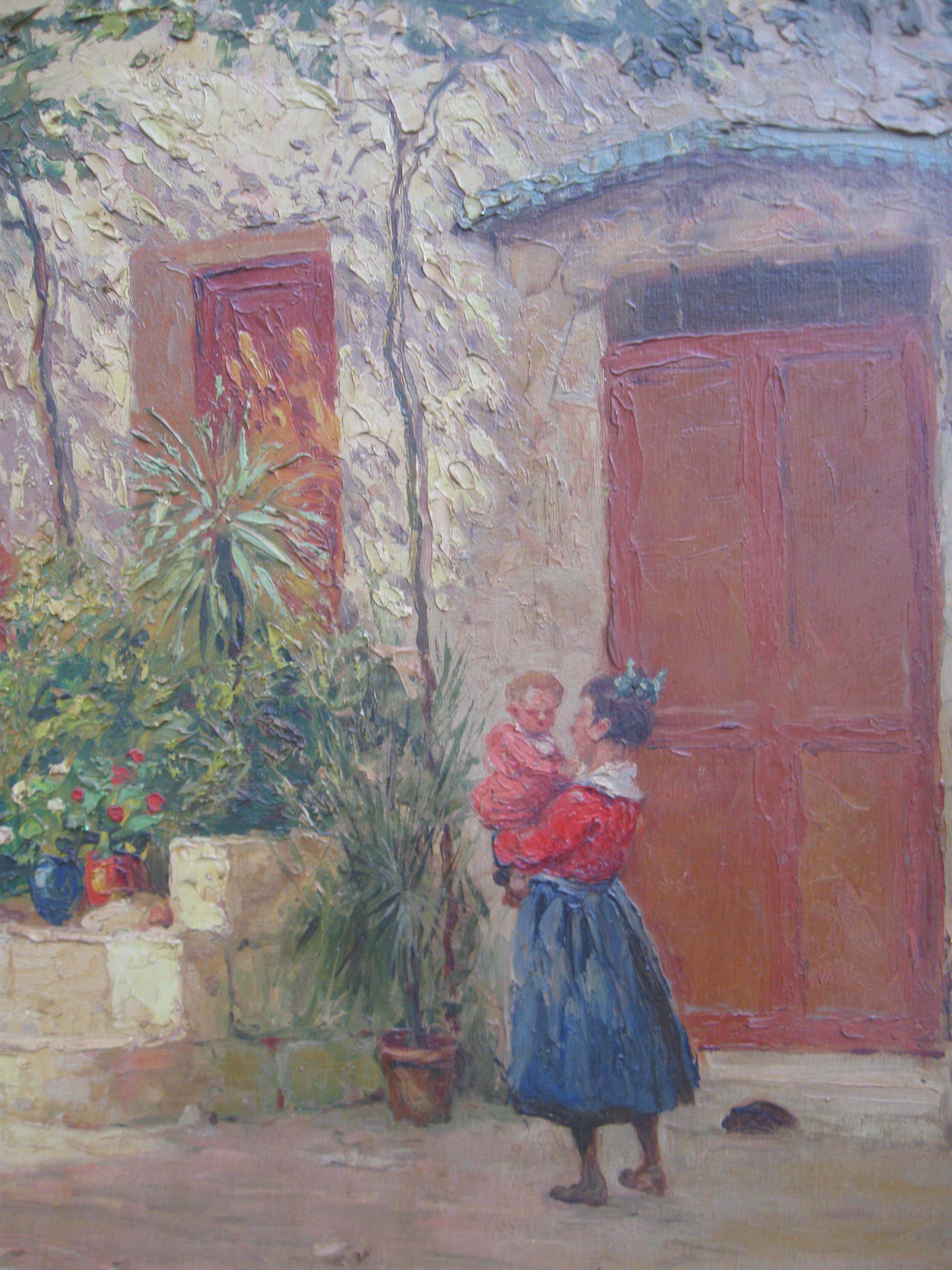 Französischer Impressionist:: „Mutter und Kind in einem sonnenbeschienenen Hof“:: Öl:: um 1930 (Impressionismus), Painting, von Unknown