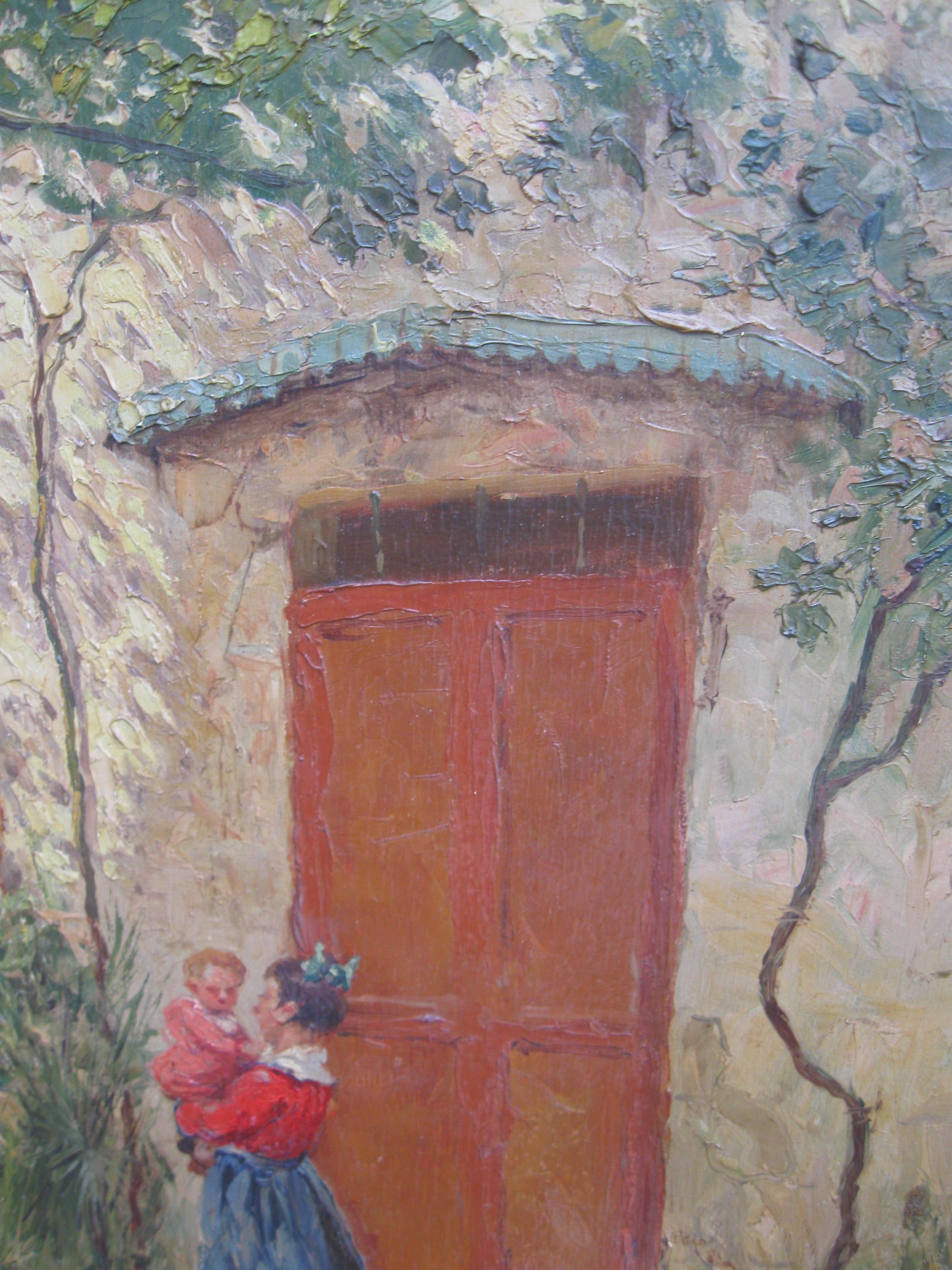 Französischer Impressionist:: „Mutter und Kind in einem sonnenbeschienenen Hof“:: Öl:: um 1930 3