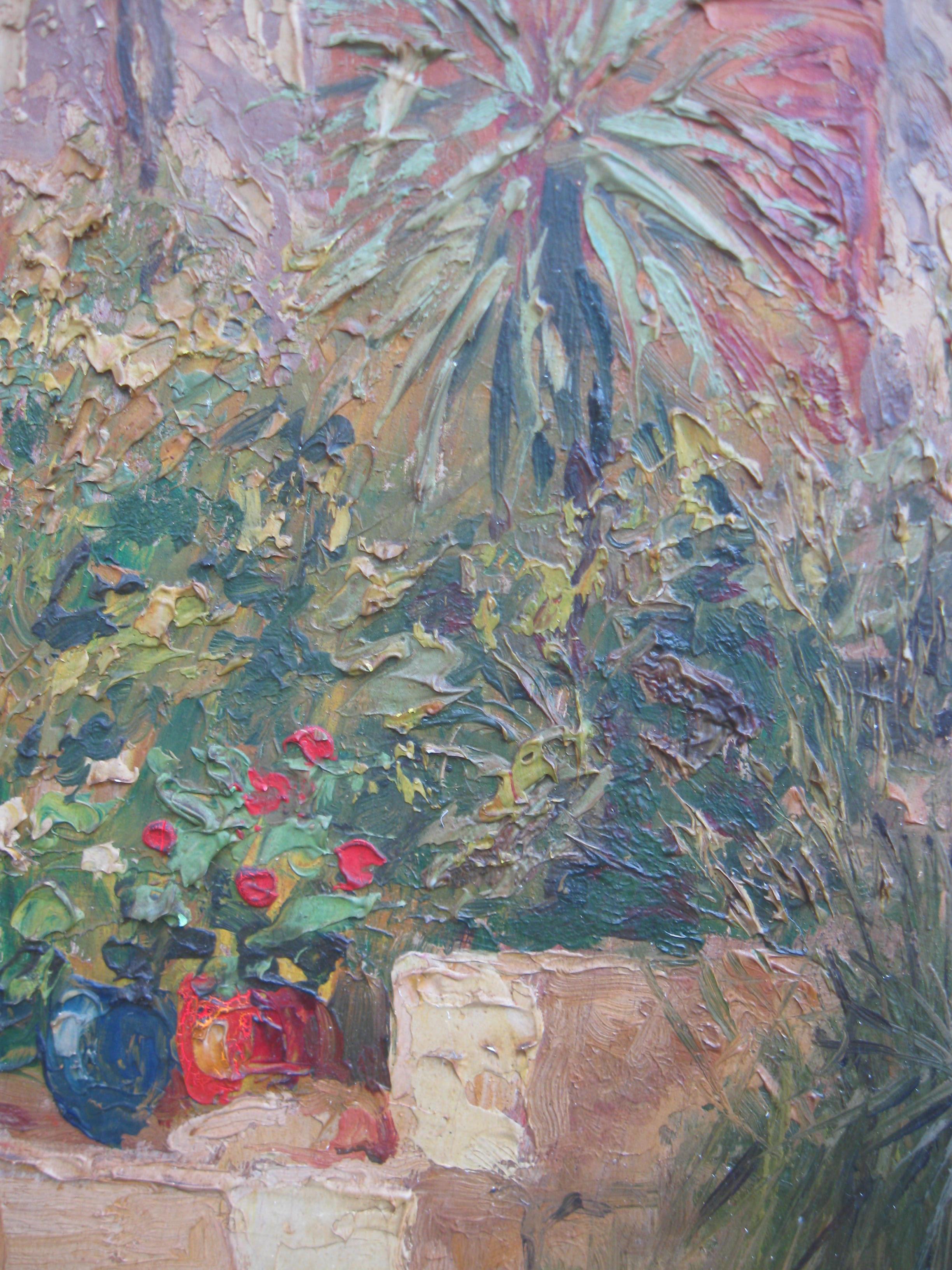 Französischer Impressionist:: „Mutter und Kind in einem sonnenbeschienenen Hof“:: Öl:: um 1930 4