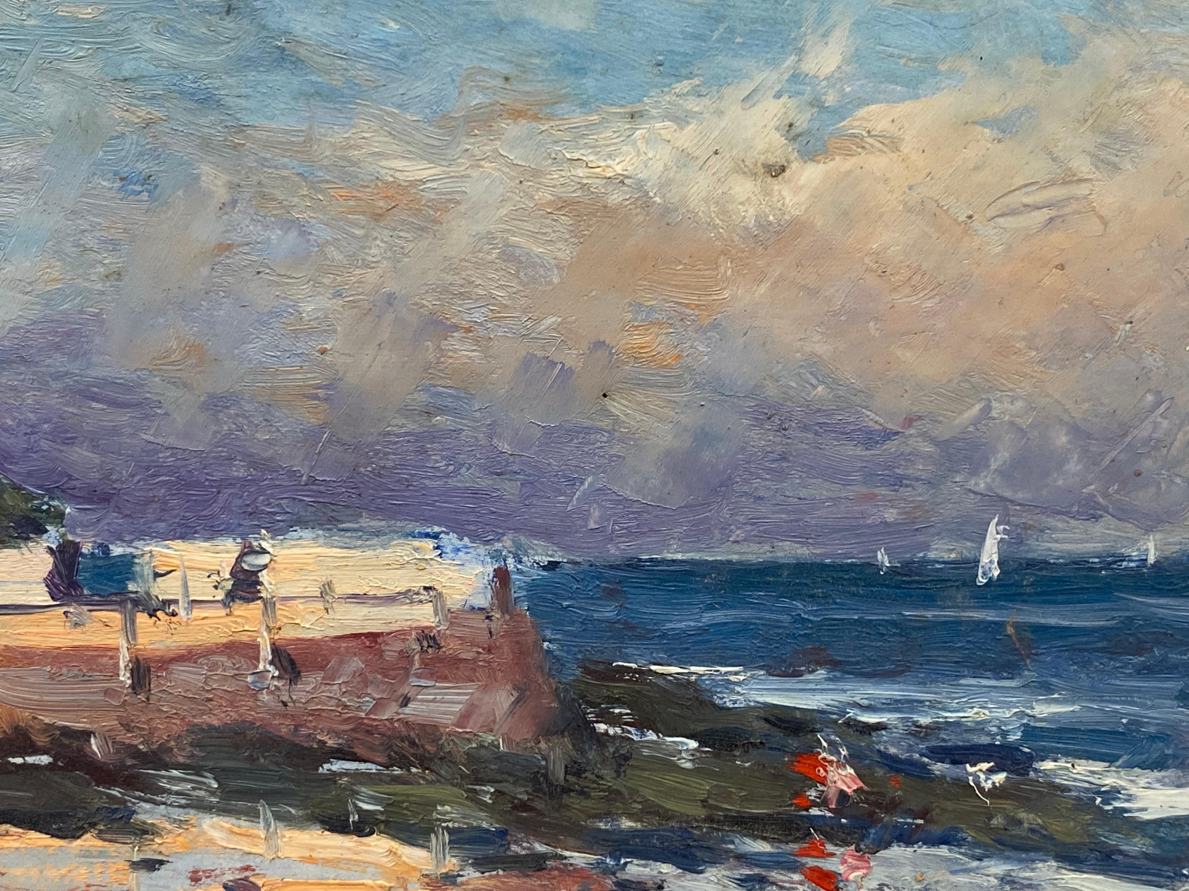 Französischer Impressionist Öl Landschaft, Beautiful Ocean Beach Kalifornien (Grau), Landscape Painting, von Unknown