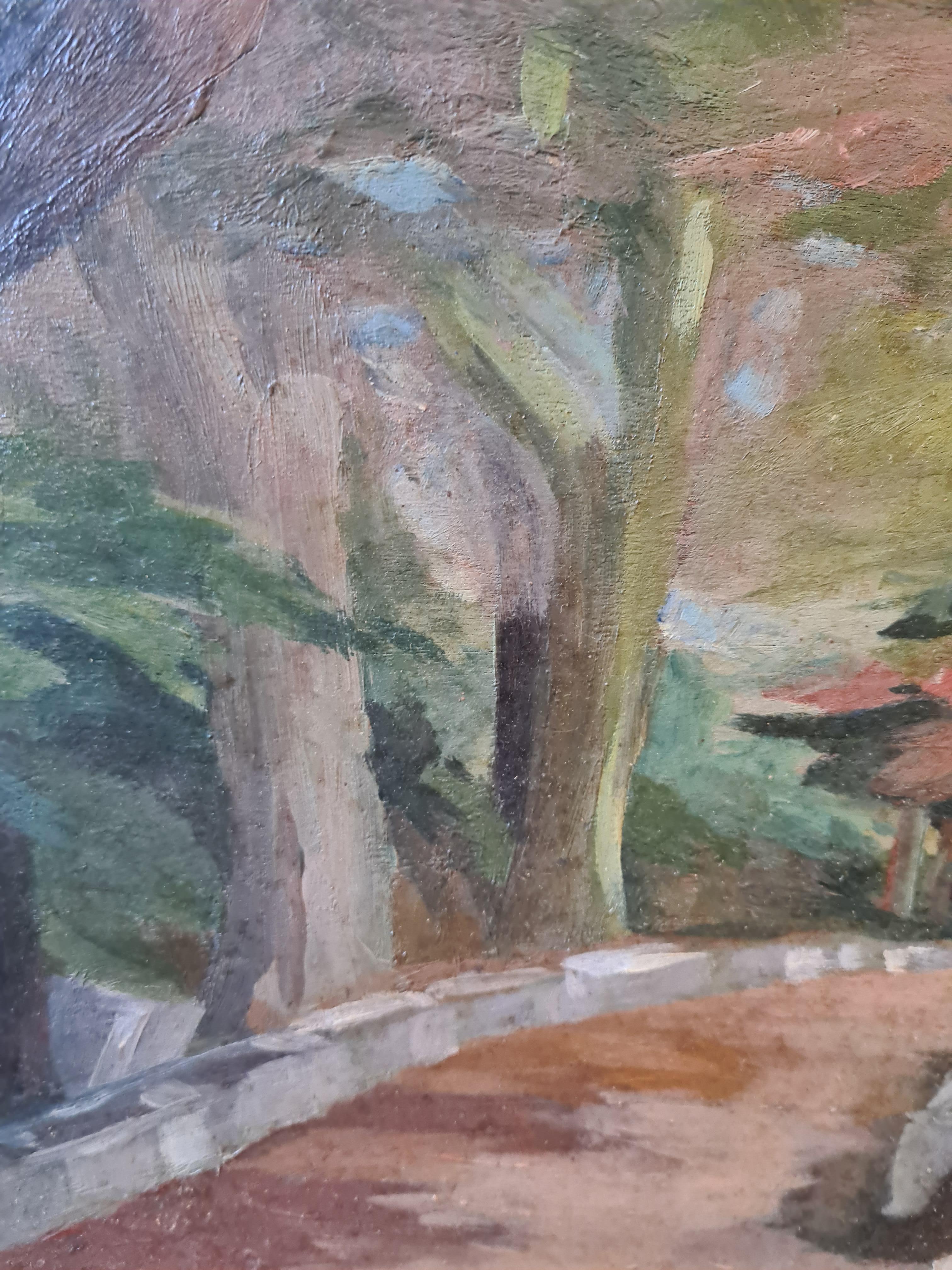 French Impressionist Oil on Board, Wooded Landscape, The Terrace of the Chateau For Sale 1