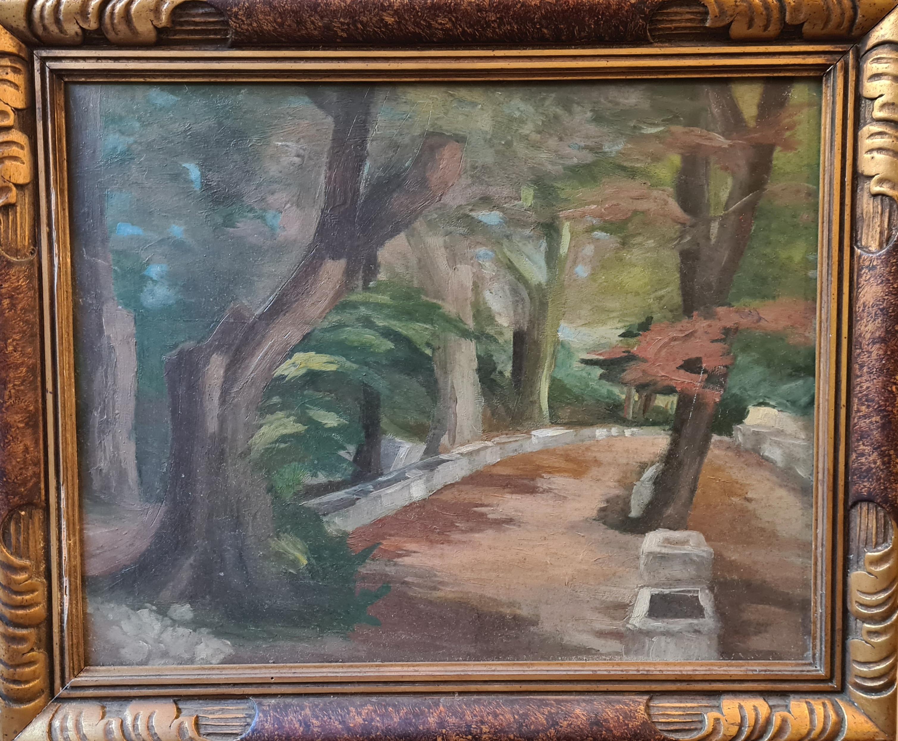 Unknown Landscape Painting - French Impressionist Oil on Board, Wooded Landscape, The Terrace of the Chateau
