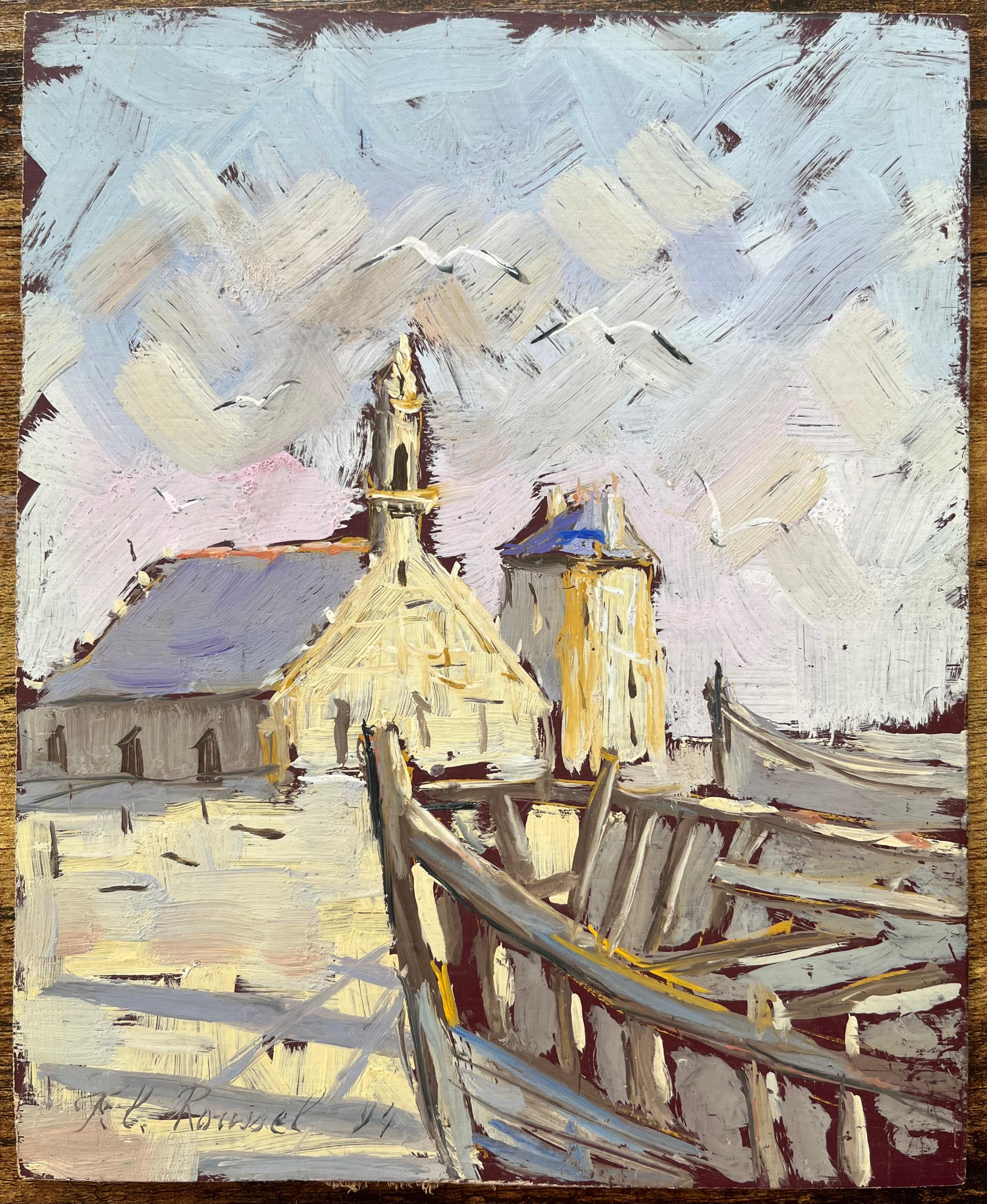 Impressionist Oil Painting of a Coastal Village with Boats - Gray Landscape Painting by Unknown