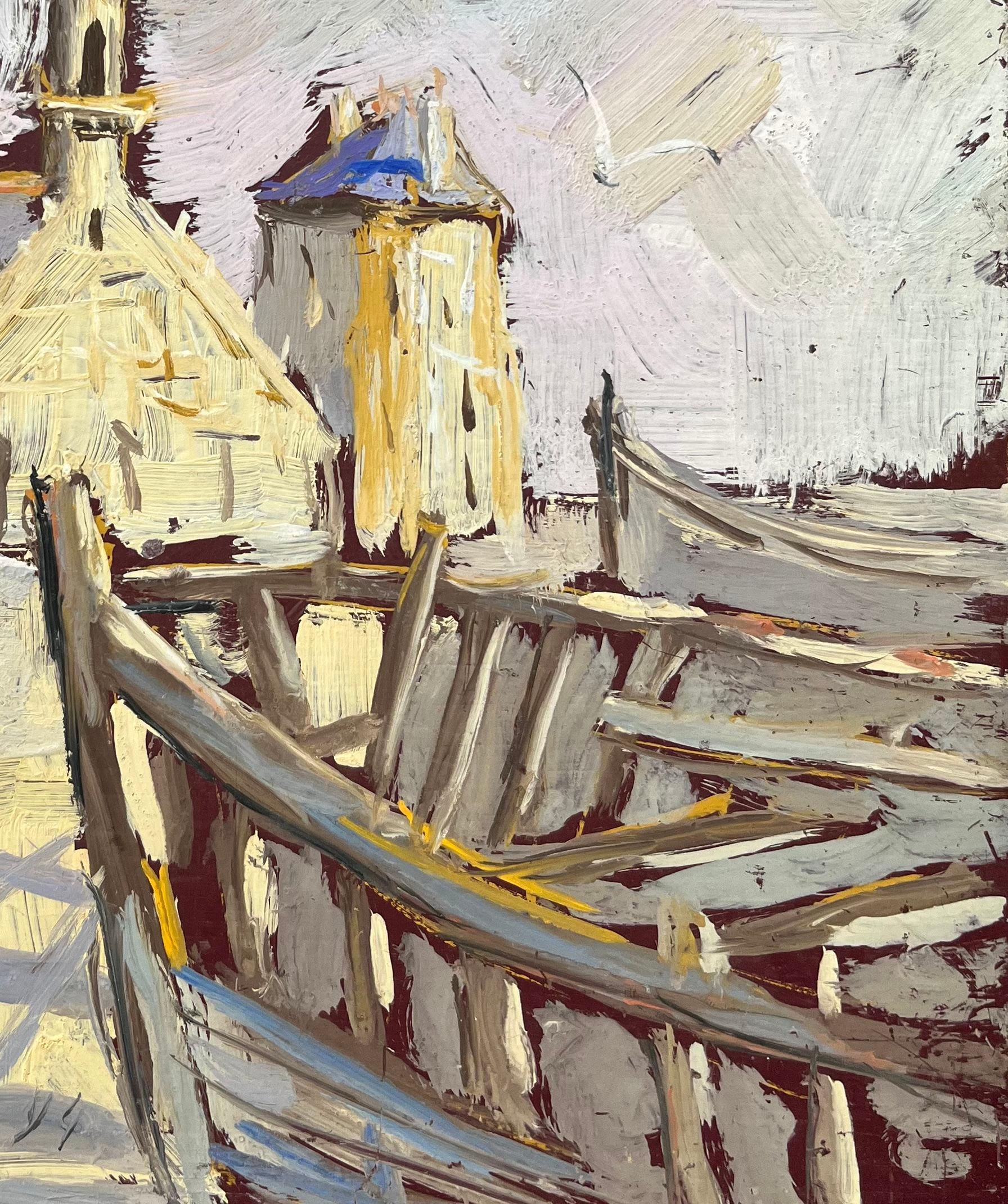 Title: Impressionist Oil Painting of a Coastal Village with Boats
By F.T. Roussel
Size: 10.5 x 8.5 inches (height x width)
Signed: Yes, but not legible.
Oil painting on board, unframed
Condition: The painting is in good condition, with minor signs