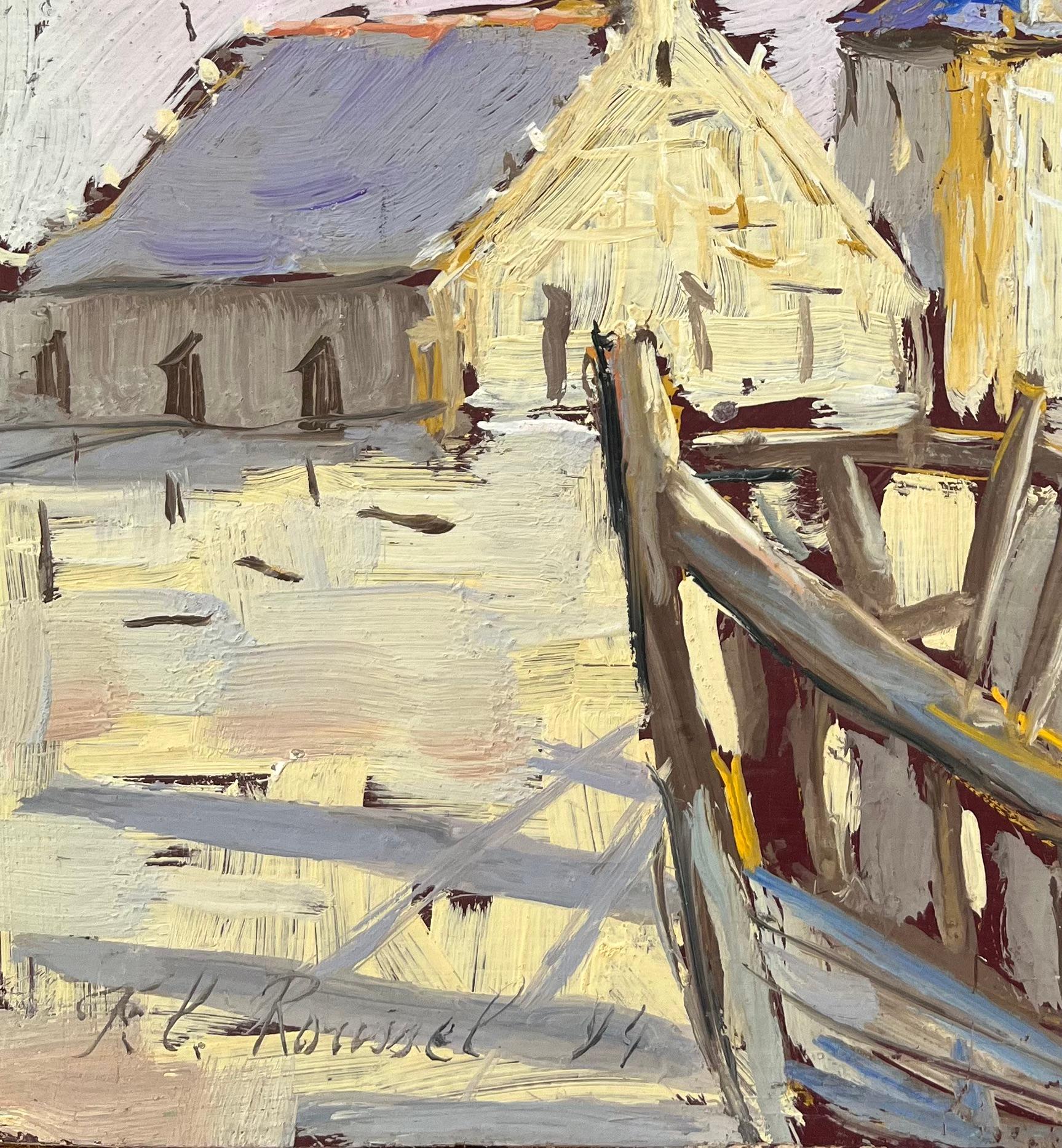 Impressionist Oil Painting of a Coastal Village with Boats For Sale 1