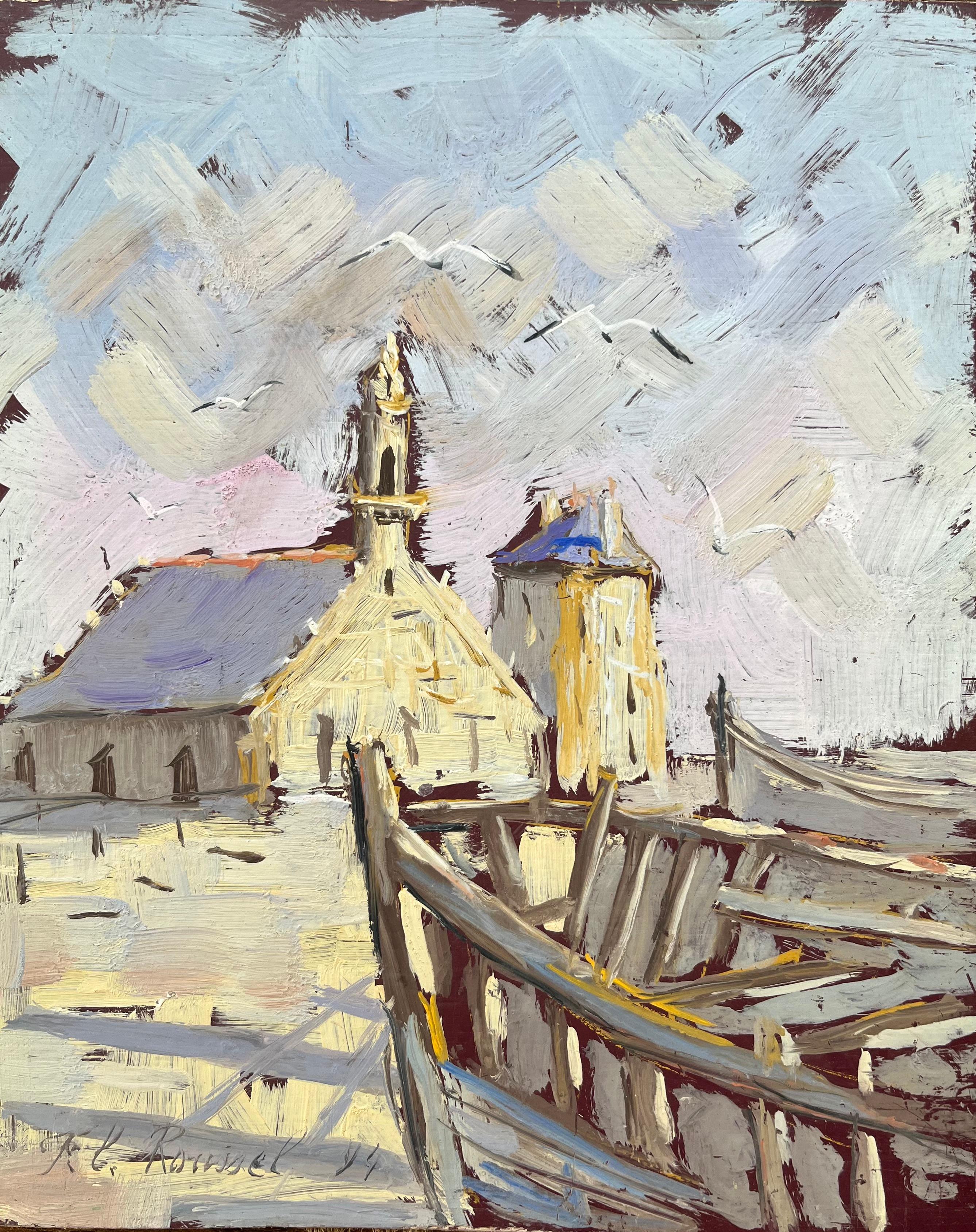 Unknown Landscape Painting - Impressionist Oil Painting of a Coastal Village with Boats