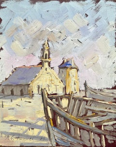 Impressionist Oil Painting of a Coastal Village with Boats