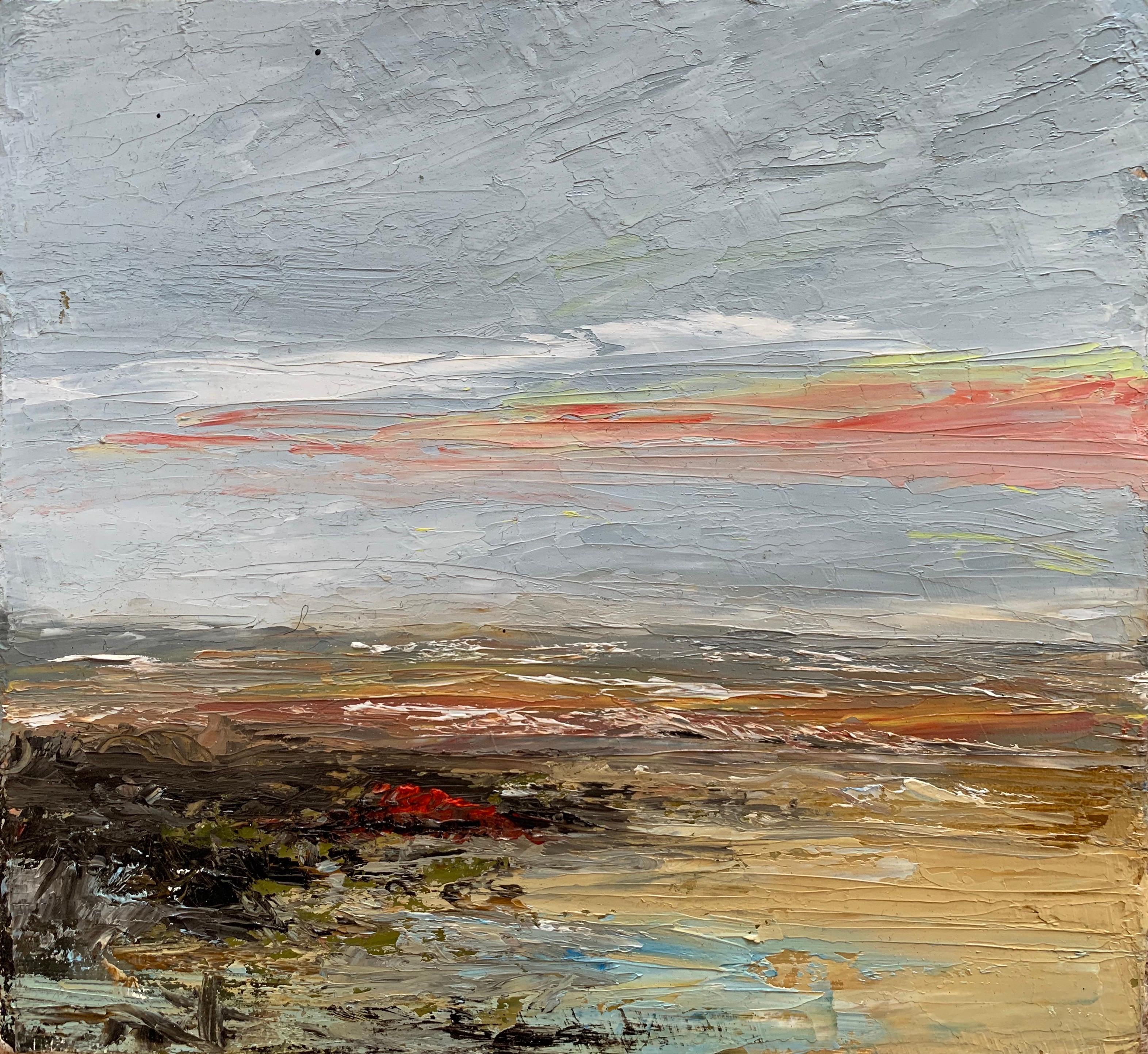Peinture à l'huile impressionniste française représentant un coucher de soleil sur des vagues ondulantes et des sables dorés