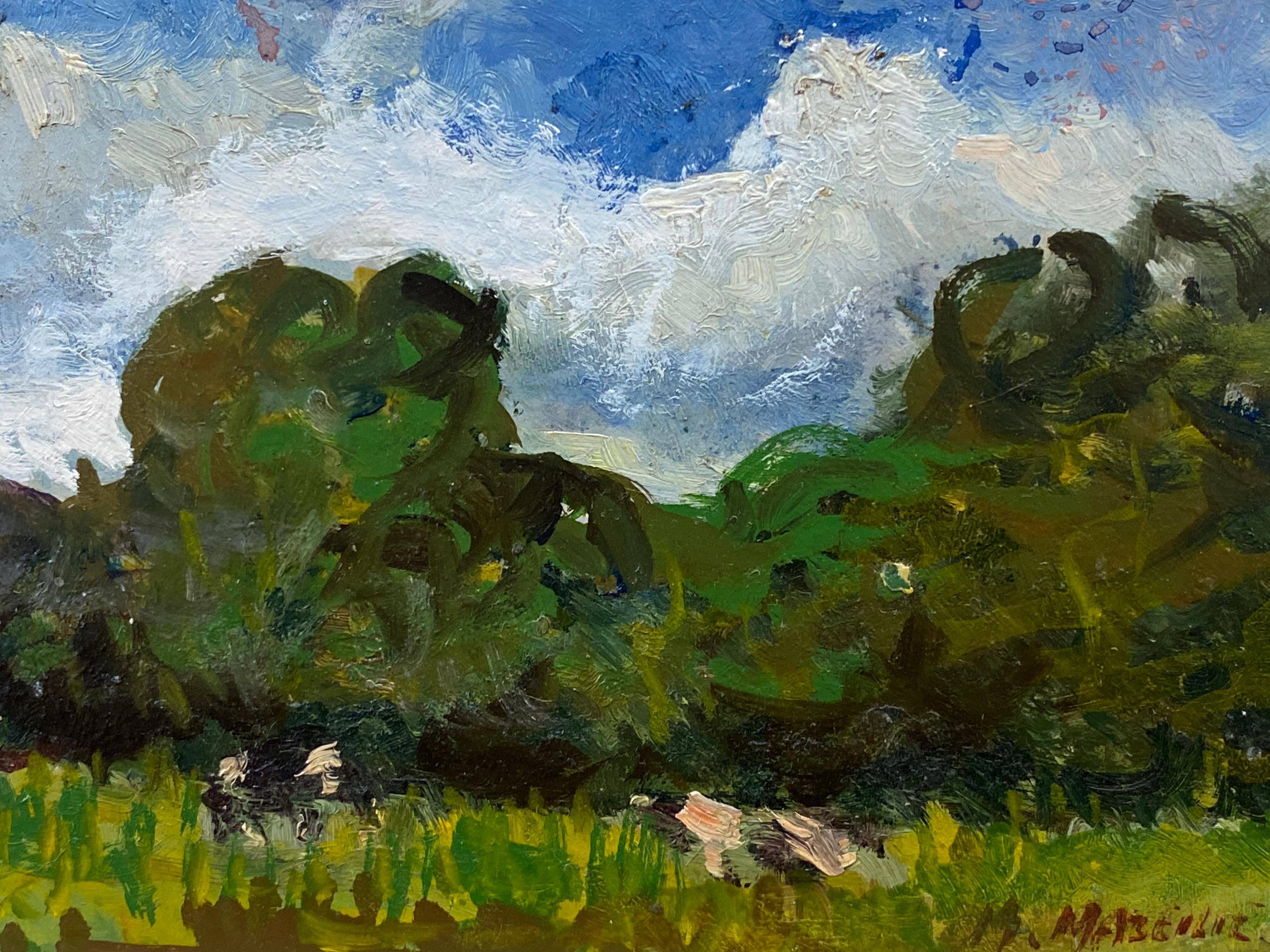 French Impressionist Oil, Pastoral Landscape Lush Green Fields - Painting by Unknown