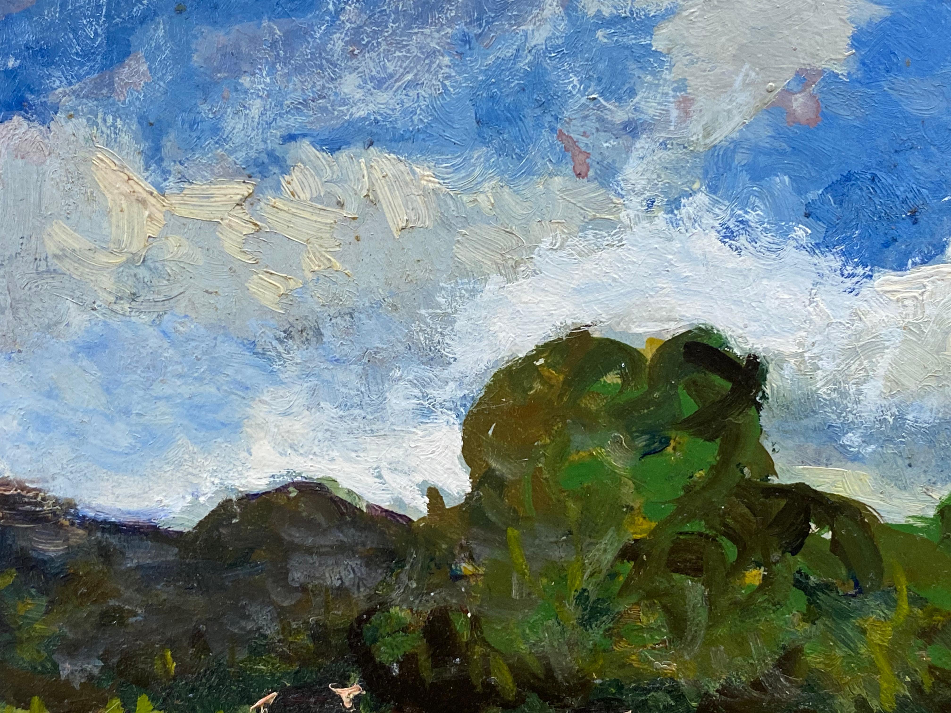 French Impressionist Oil, Pastoral Landscape Lush Green Fields - Gray Landscape Painting by Unknown