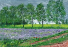 Impressionista francese, Olio originale firmato Paesaggio, Fiori selvatici, Sentiero