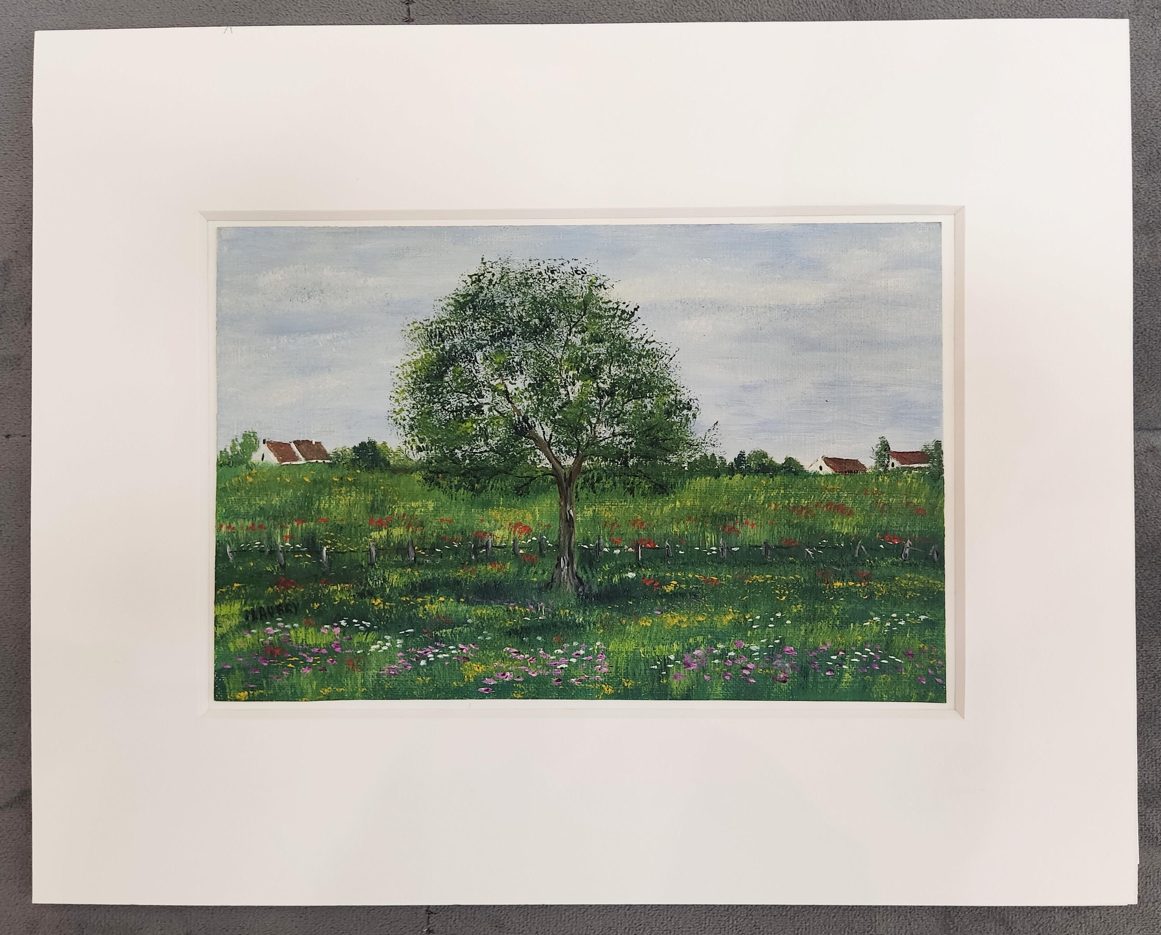 Impressionista francese, Paesaggio ad olio originale firmato, Fiori selvatici, Albero - Painting di Unknown