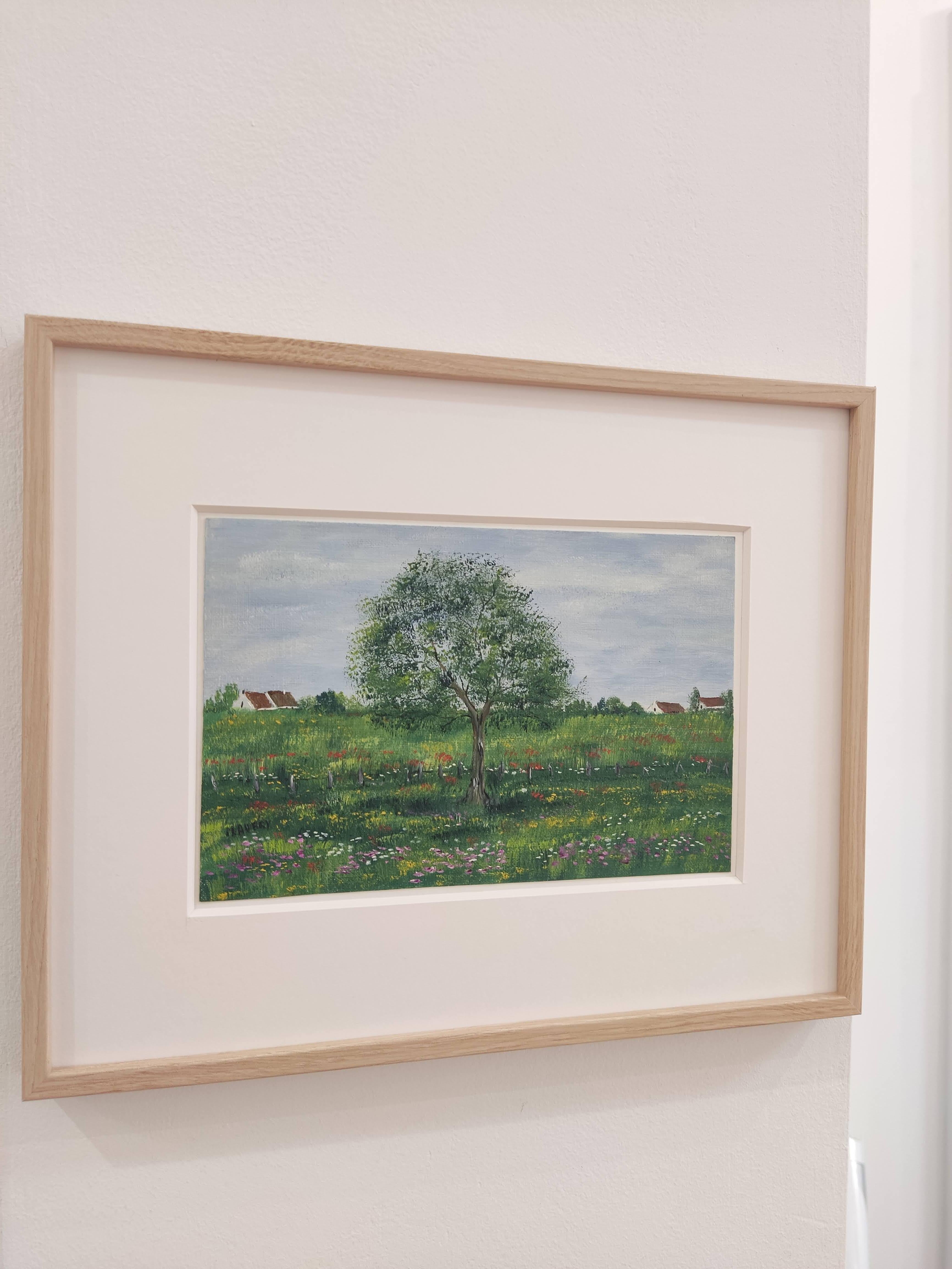 Impressionista francese, Paesaggio ad olio originale firmato, Fiori selvatici, Albero - Painting Contemporaneo di Unknown