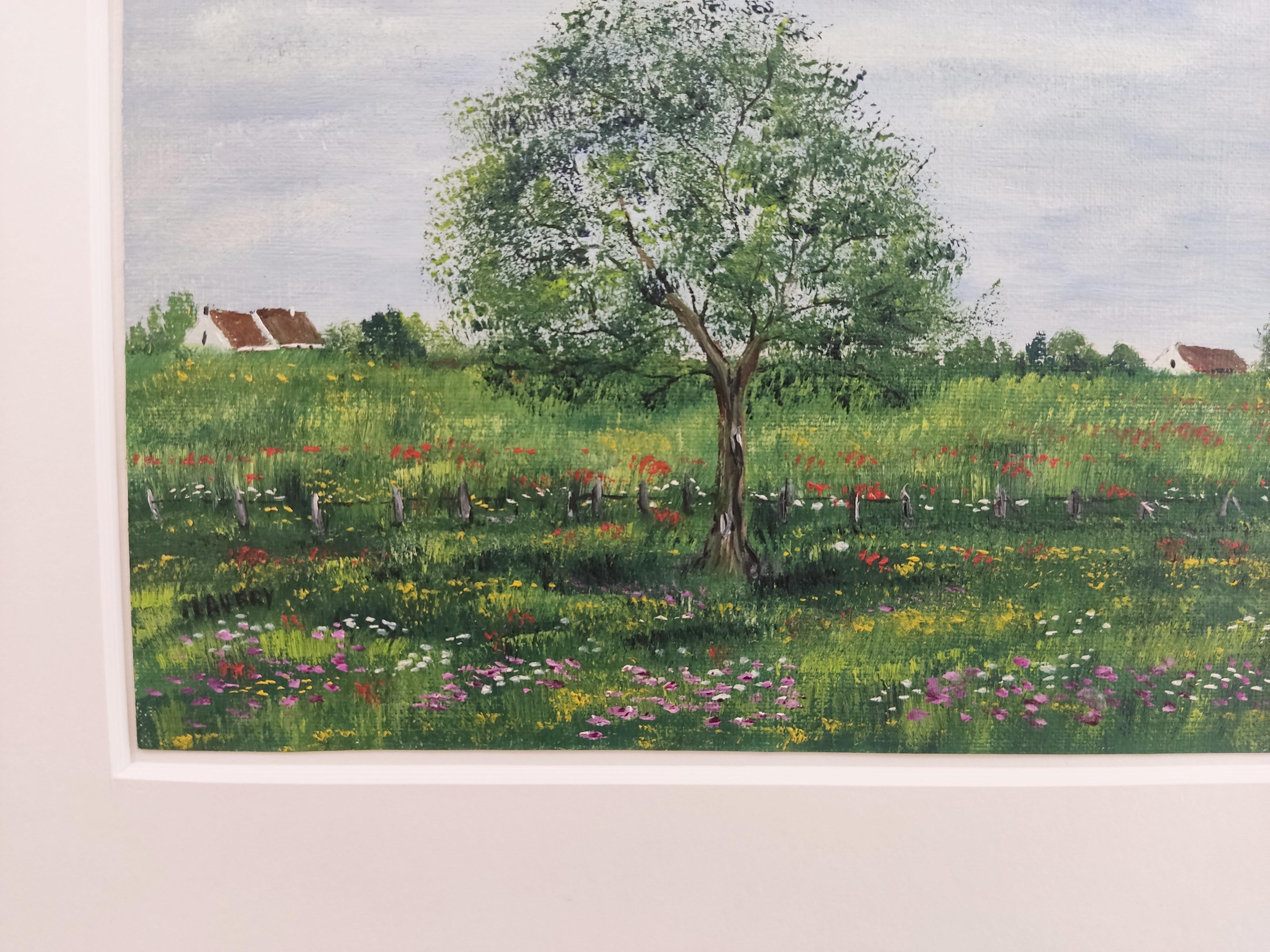 Impressionista francese, Paesaggio ad olio originale firmato, Fiori selvatici, Albero - Figurative Painting Verde di Unknown