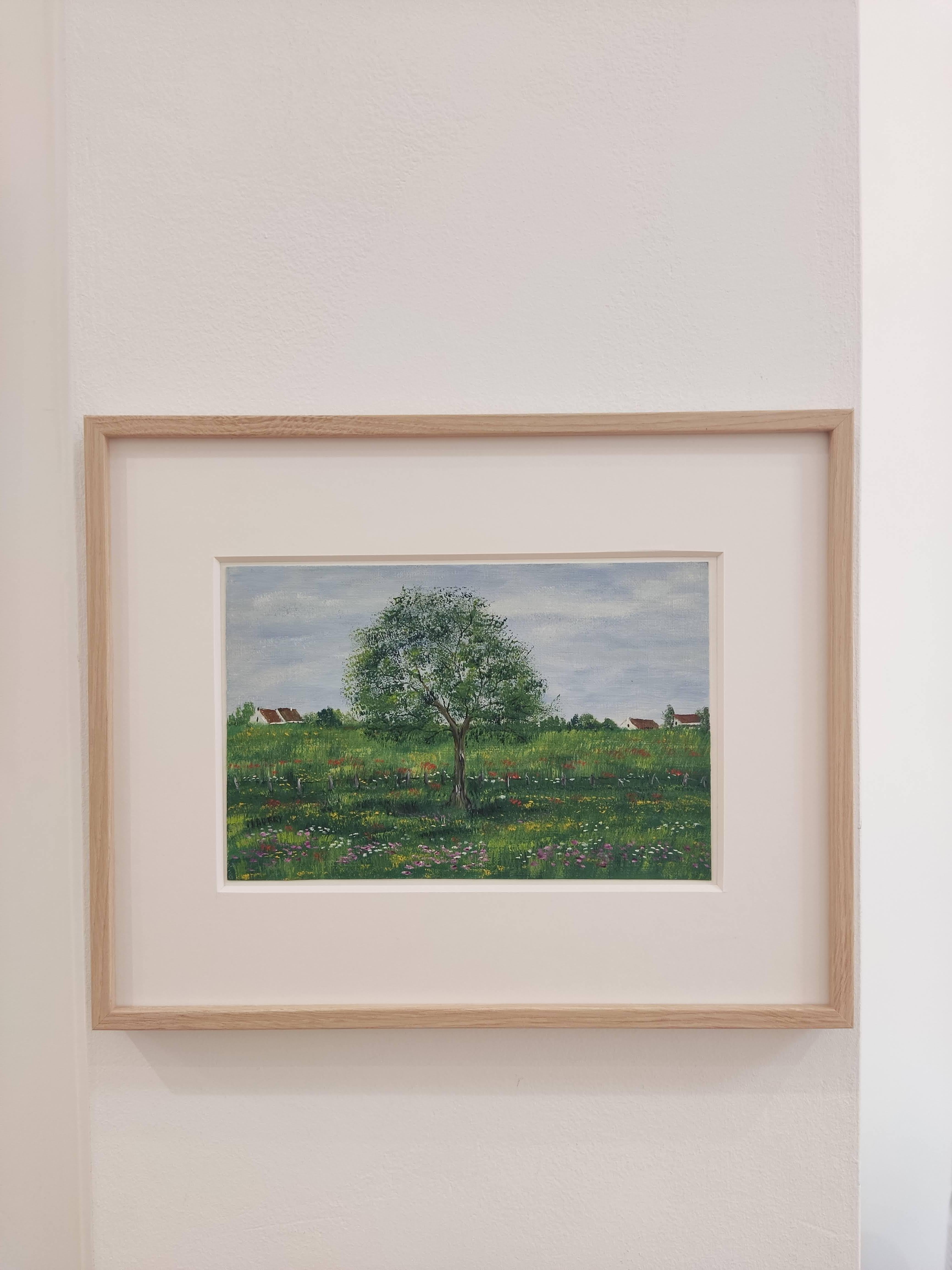 Impressionista francese, Paesaggio ad olio originale firmato, Fiori selvatici, Albero in vendita 3