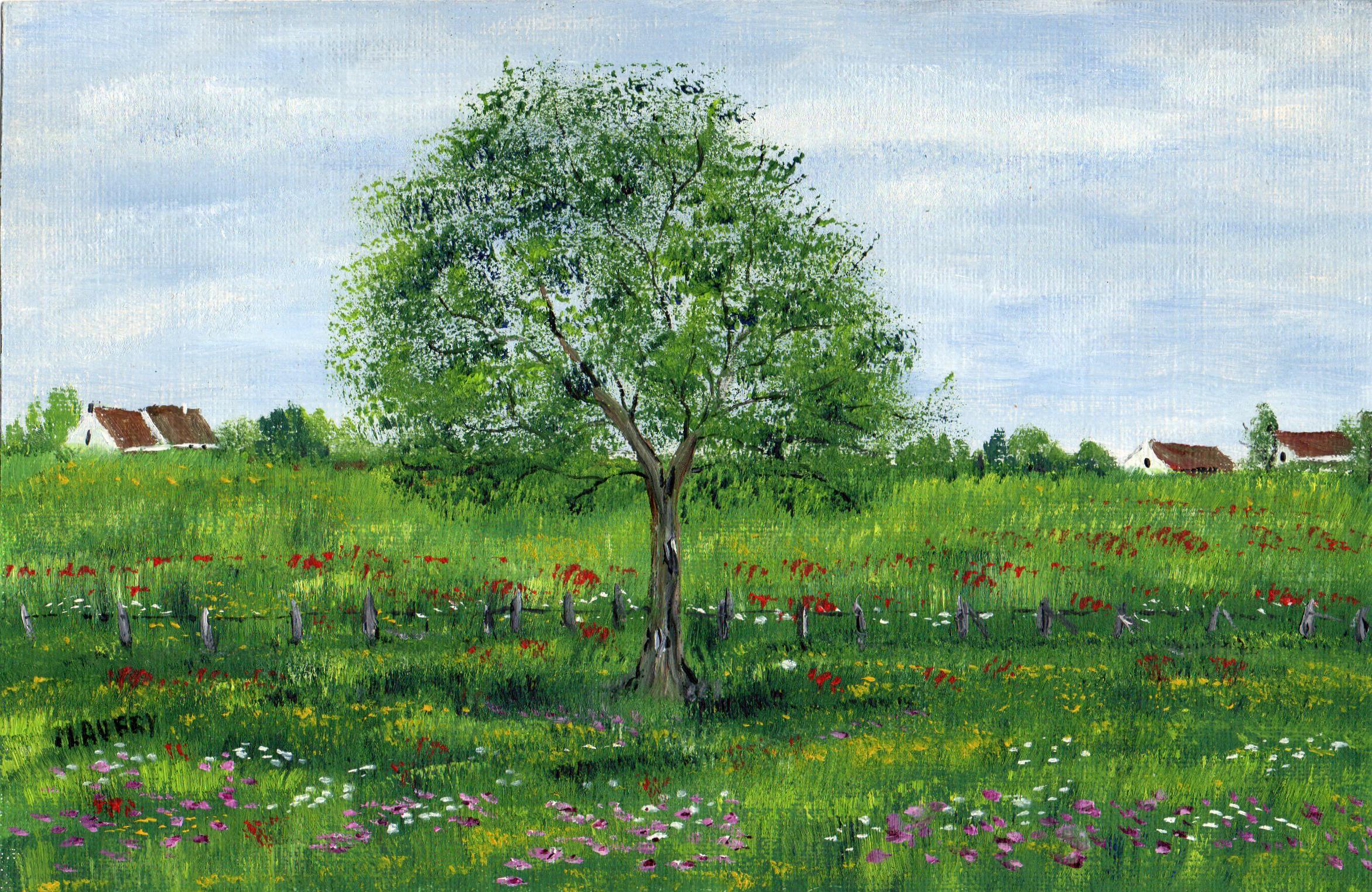 Figurative Painting di Unknown - Impressionista francese, Paesaggio ad olio originale firmato, Fiori selvatici, Albero