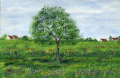 Impressionista francese, Paesaggio ad olio originale firmato, Fiori selvatici, Albero