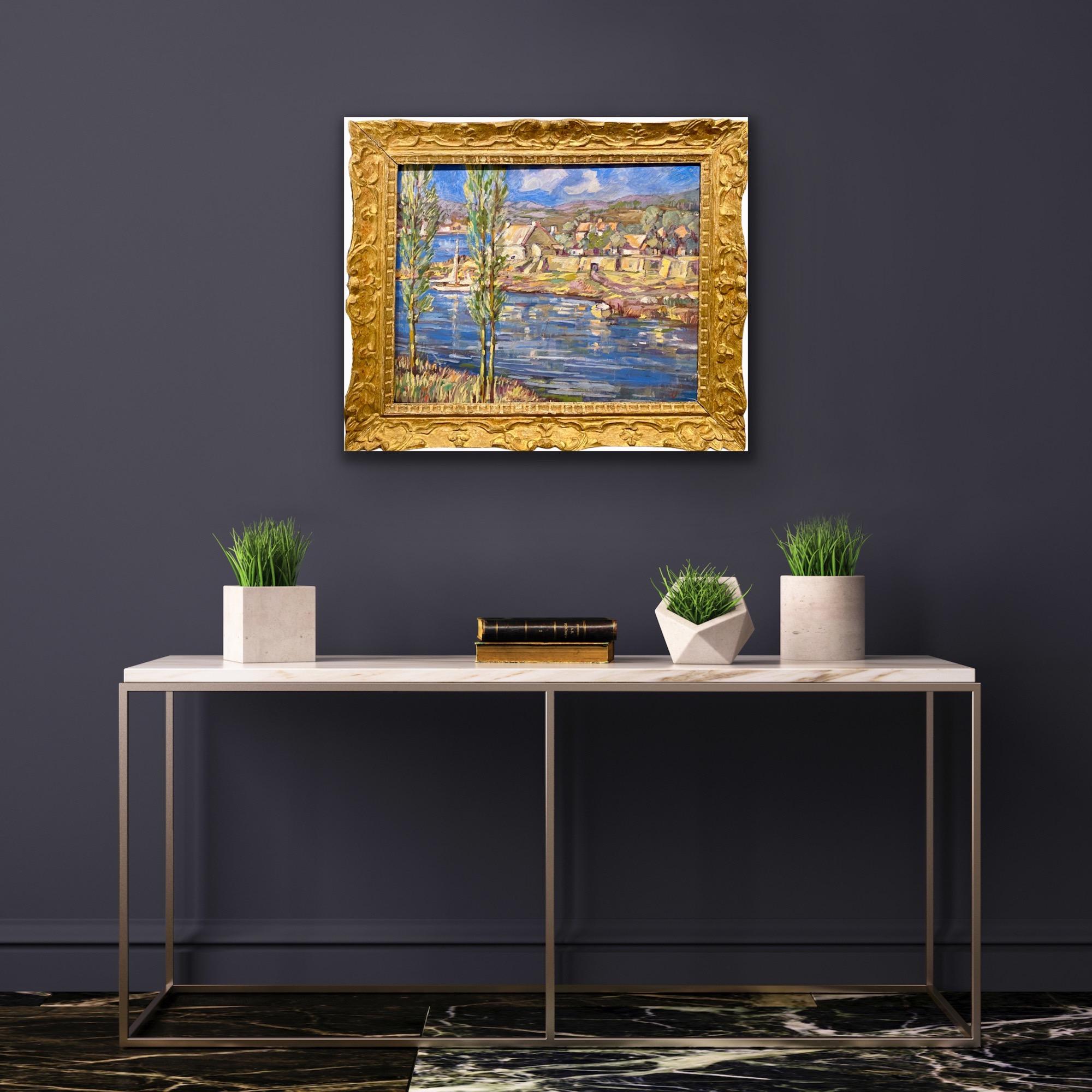 French Post Impressionist painting - Ecole de Paris - Provence landscape harbour - Painting by Unknown