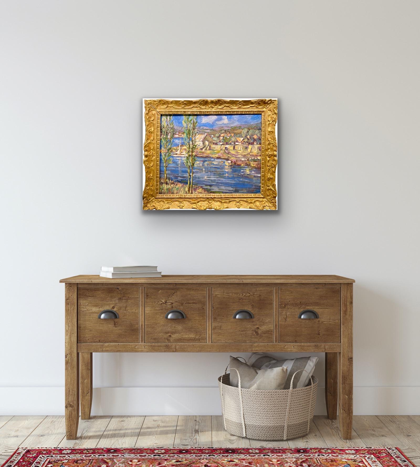 French Post Impressionist painting - Ecole de Paris - Provence landscape harbour - Brown Abstract Painting by Unknown