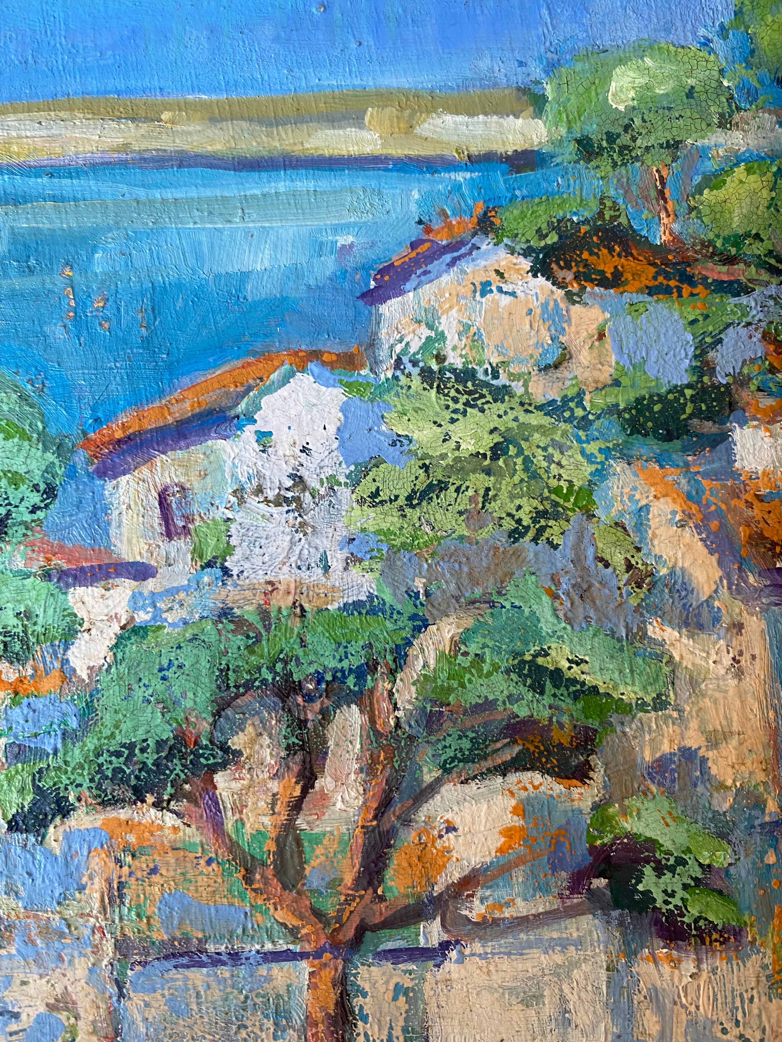 French Post Impressionist painting - Ecole de Paris - Provence landscape harbour - Post-Impressionist Painting by Unknown